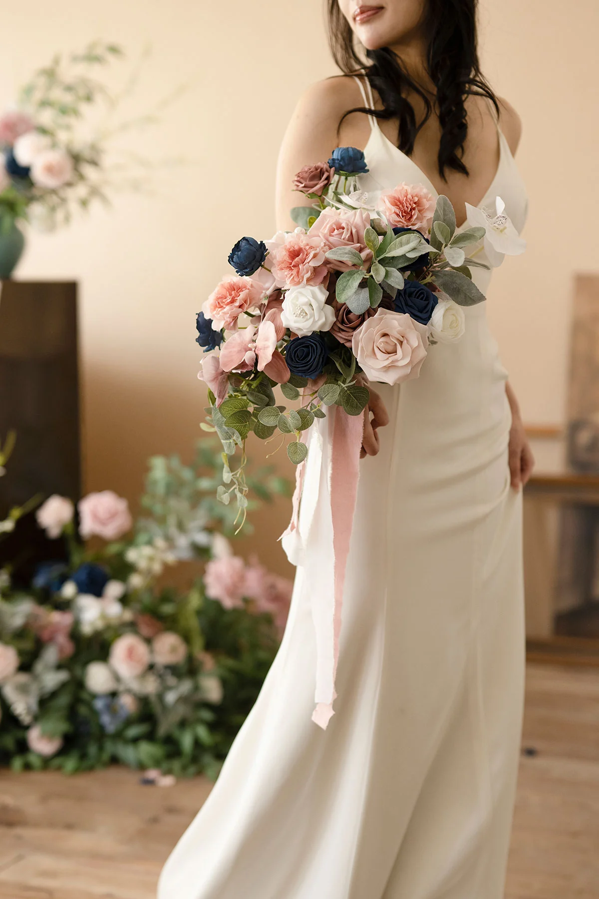 Medium Cascade Bridal Bouquet in Dusty Rose & Navy - Image 5