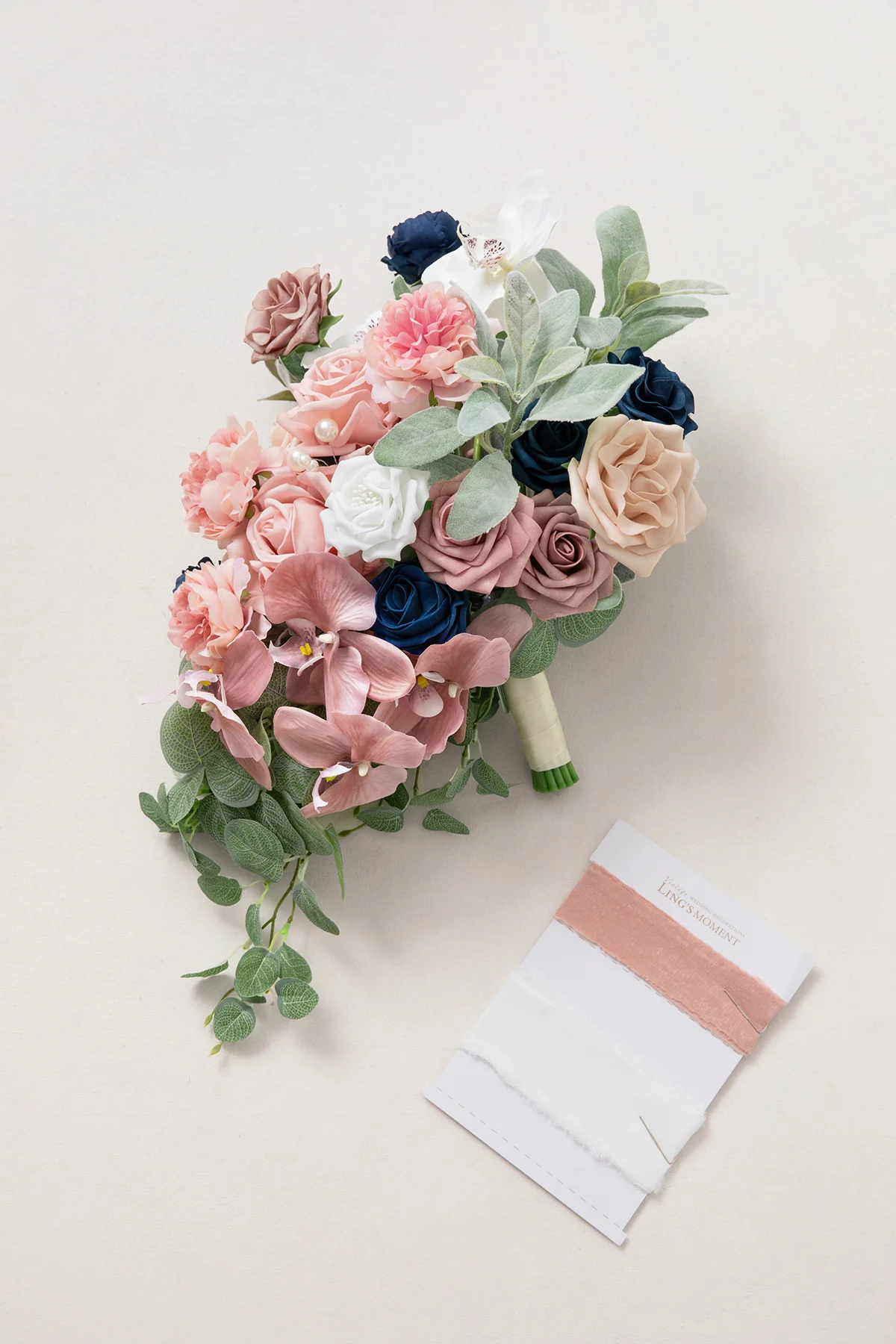 Medium Cascade Bridal Bouquet in Dusty Rose & Navy - Image 7