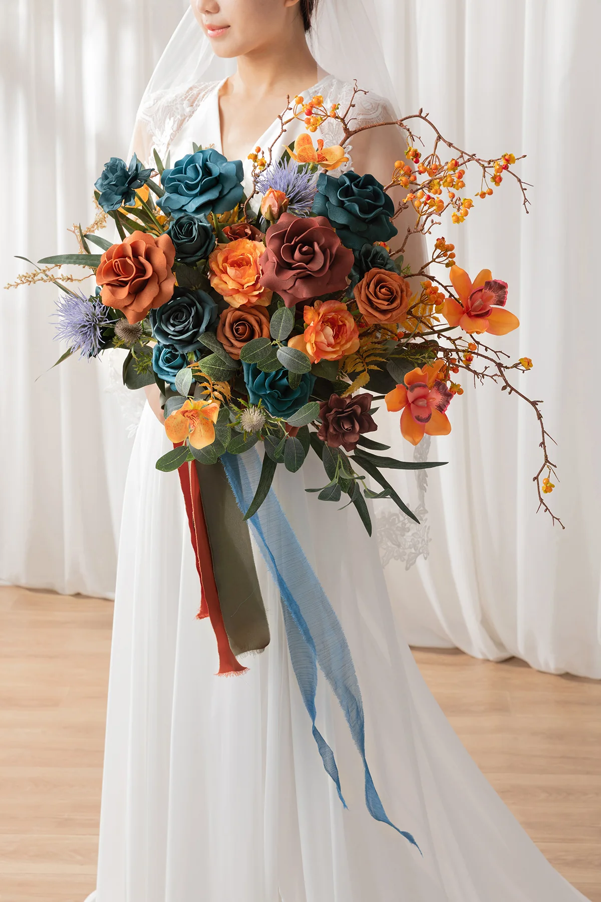 Medium Free-Form Bridal Bouquet in Dark Teal & Burnt Orange | Clearance - Image 2