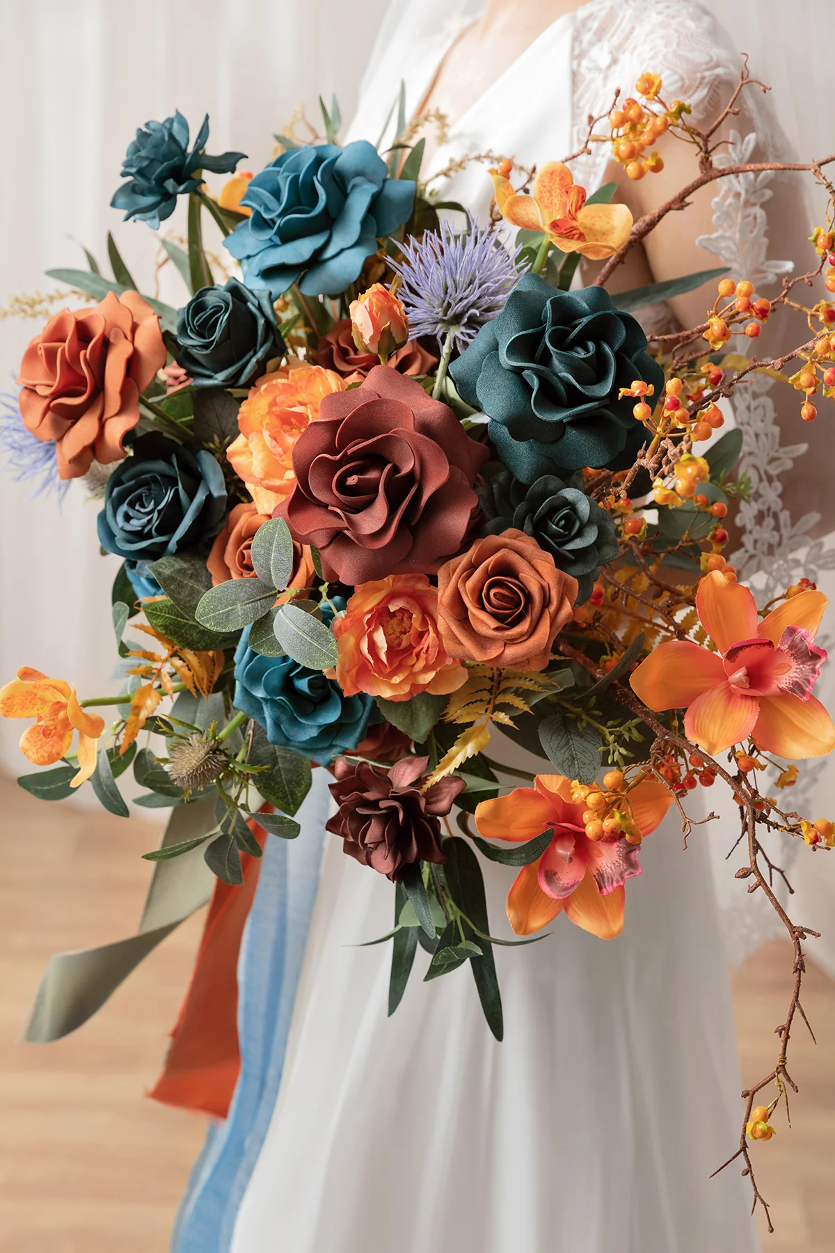 Medium Free-Form Bridal Bouquet in Dark Teal & Burnt Orange | Clearance - Image 5