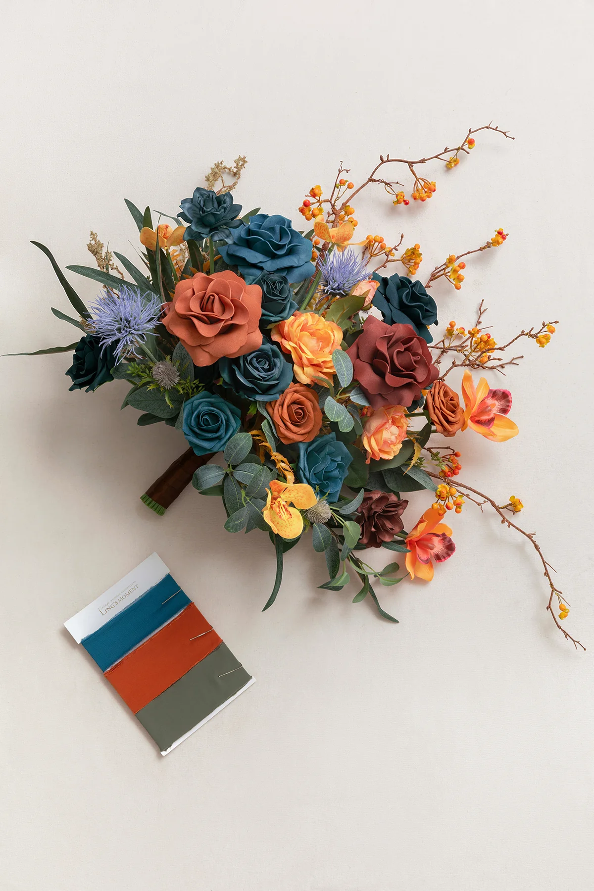 Medium Free-Form Bridal Bouquet in Dark Teal & Burnt Orange | Clearance - Image 7