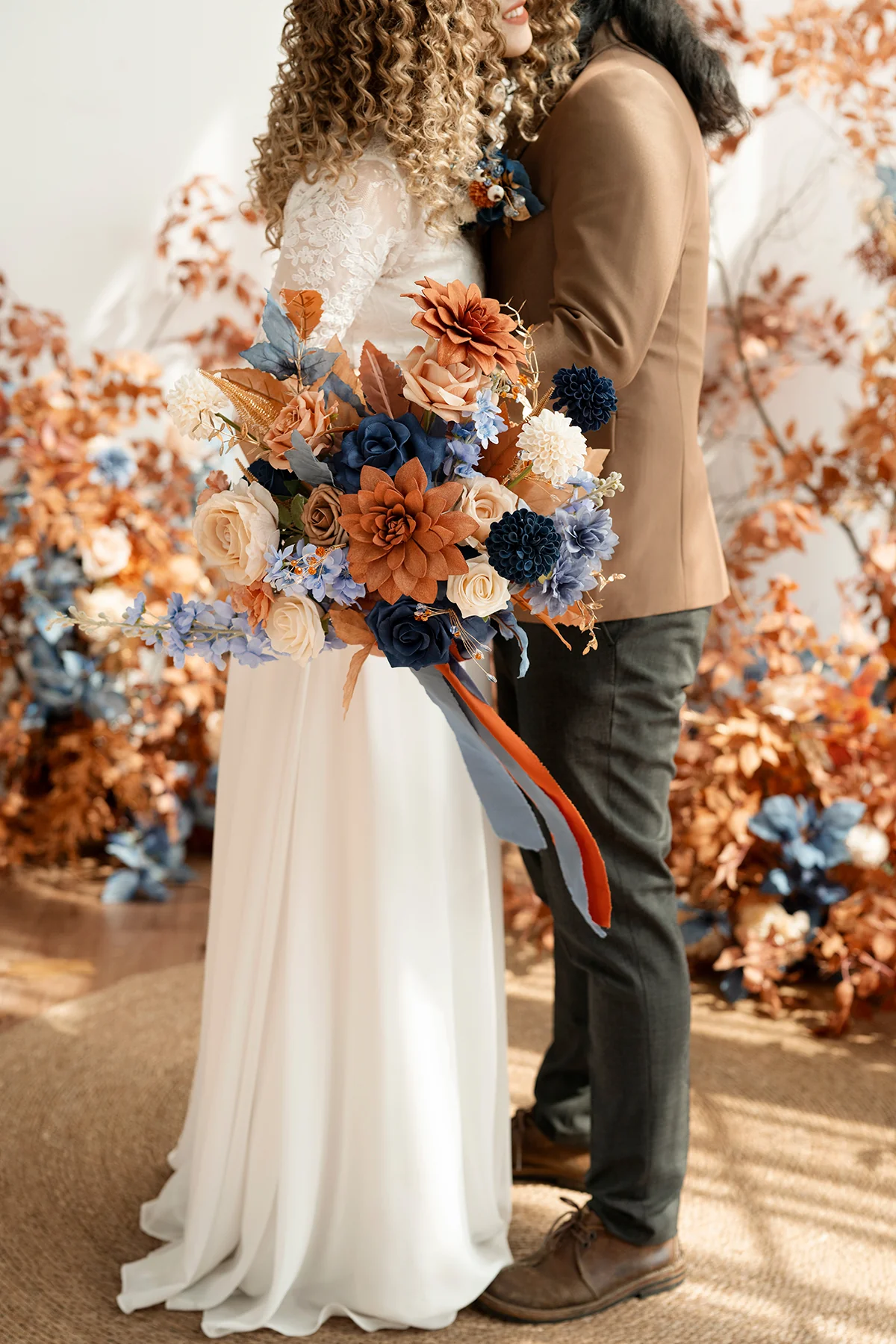 Medium Free-Form Bridal Bouquet in Russet Orange & Denim Blue - Image 2