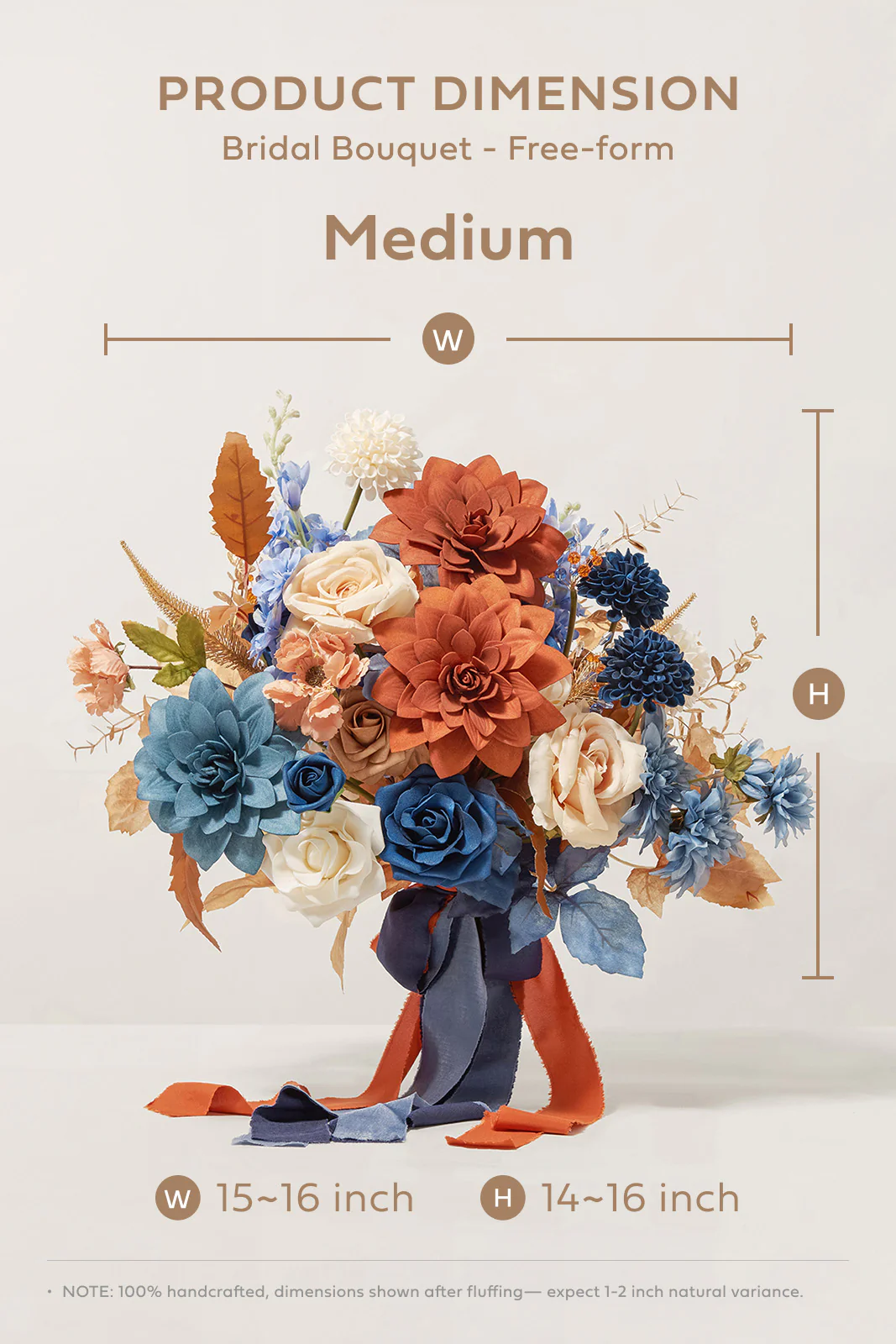 Medium Free-Form Bridal Bouquet in Russet Orange & Denim Blue - Image 6