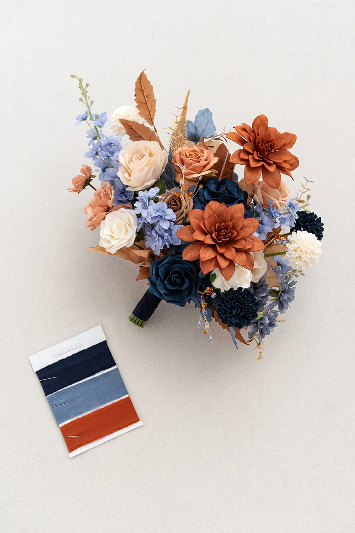 Medium Free-Form Bridal Bouquet in Russet Orange & Denim Blue - Image 7