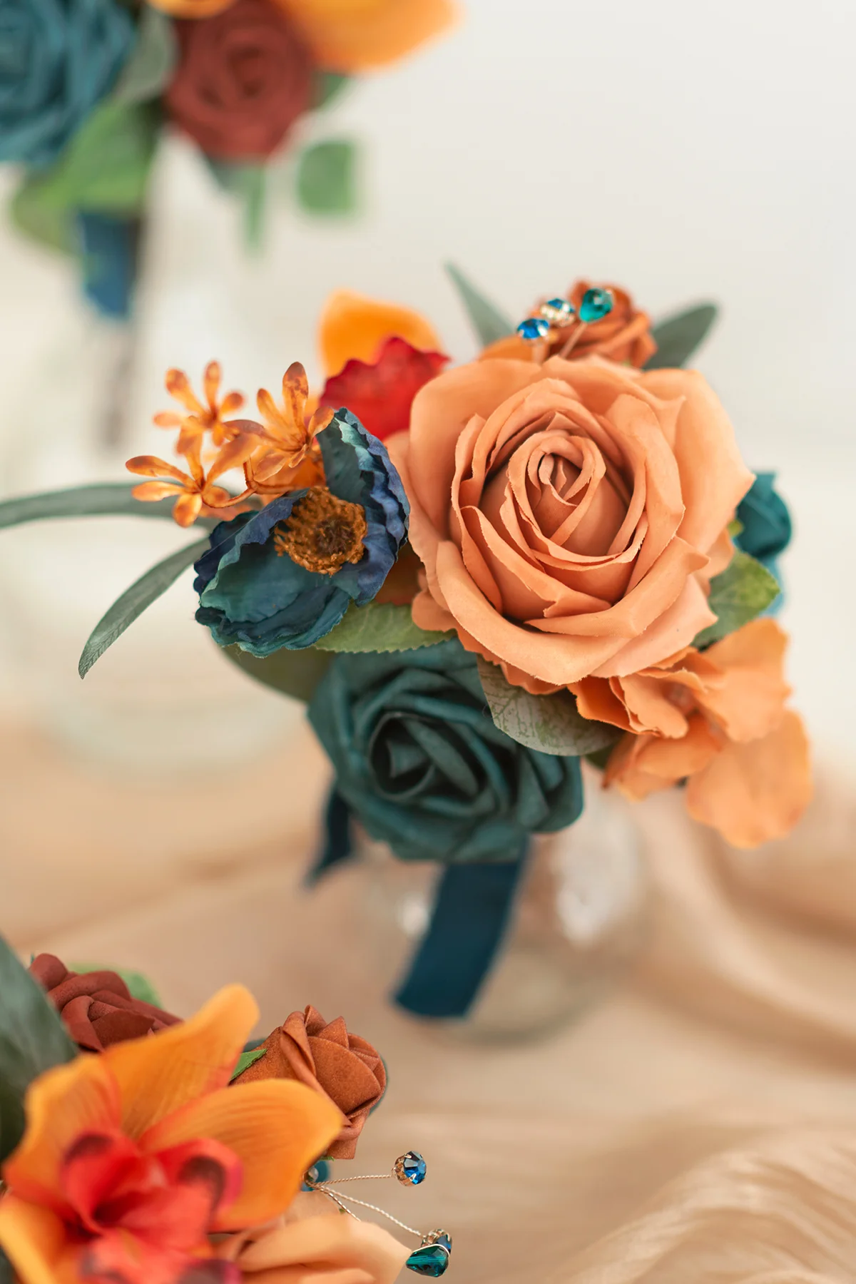 Mini Ready-to-Use Flower Centerpiece Set in Dark Teal & Burnt Orange - Image 4