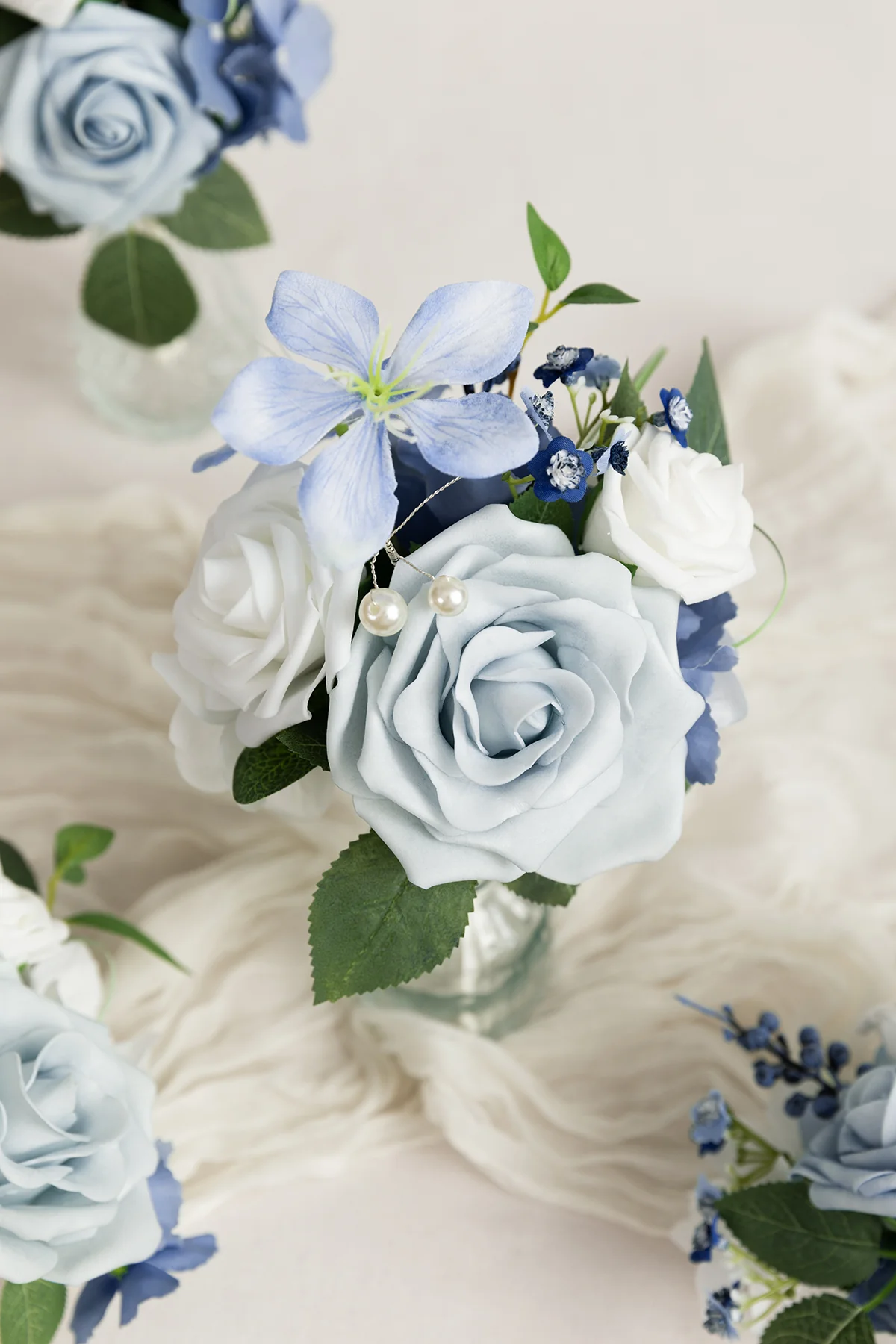 Mini Premade Flower Centerpiece Set in Dusty Blue & White - Image 3