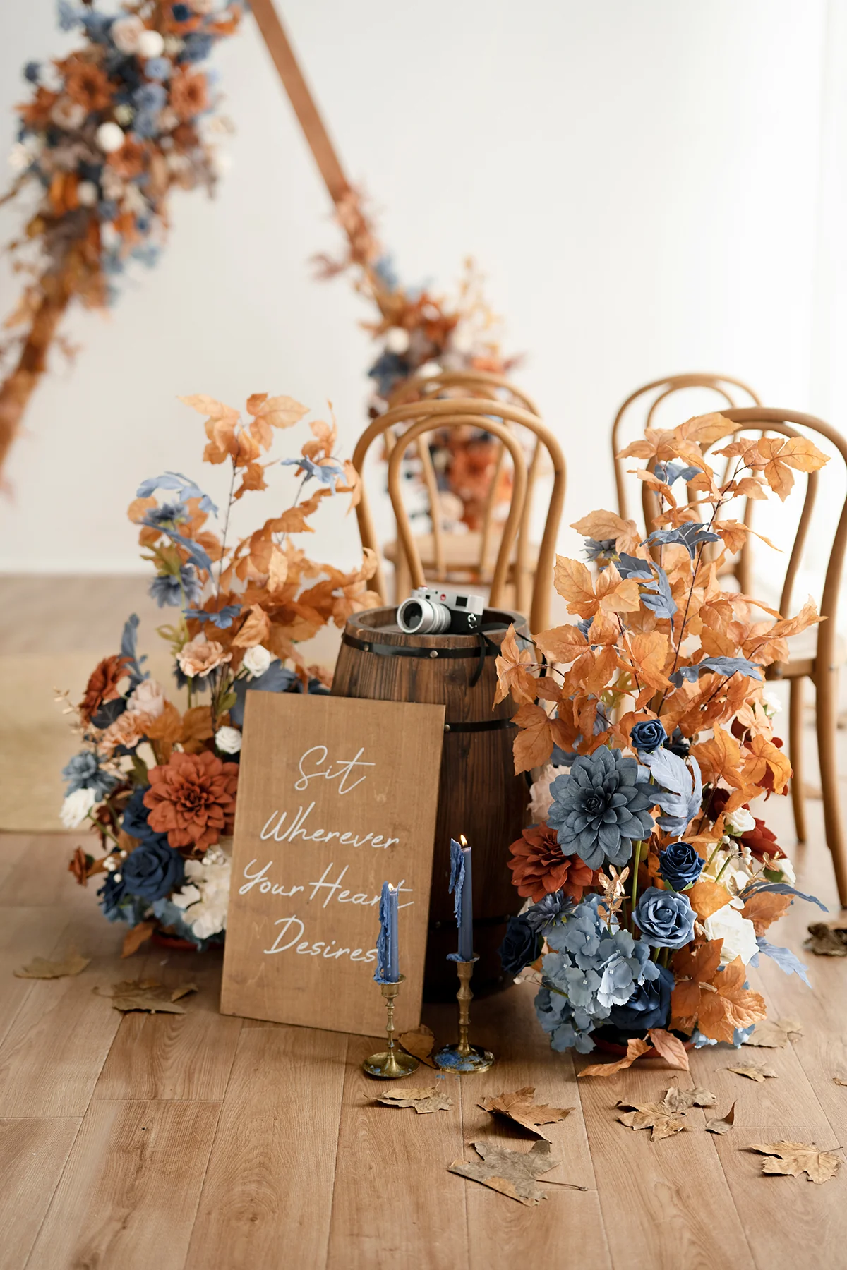 Oversized Free-Standing Ground Flower Arrangements in Russet Orange & Denim Blue | Clearance - Image 3