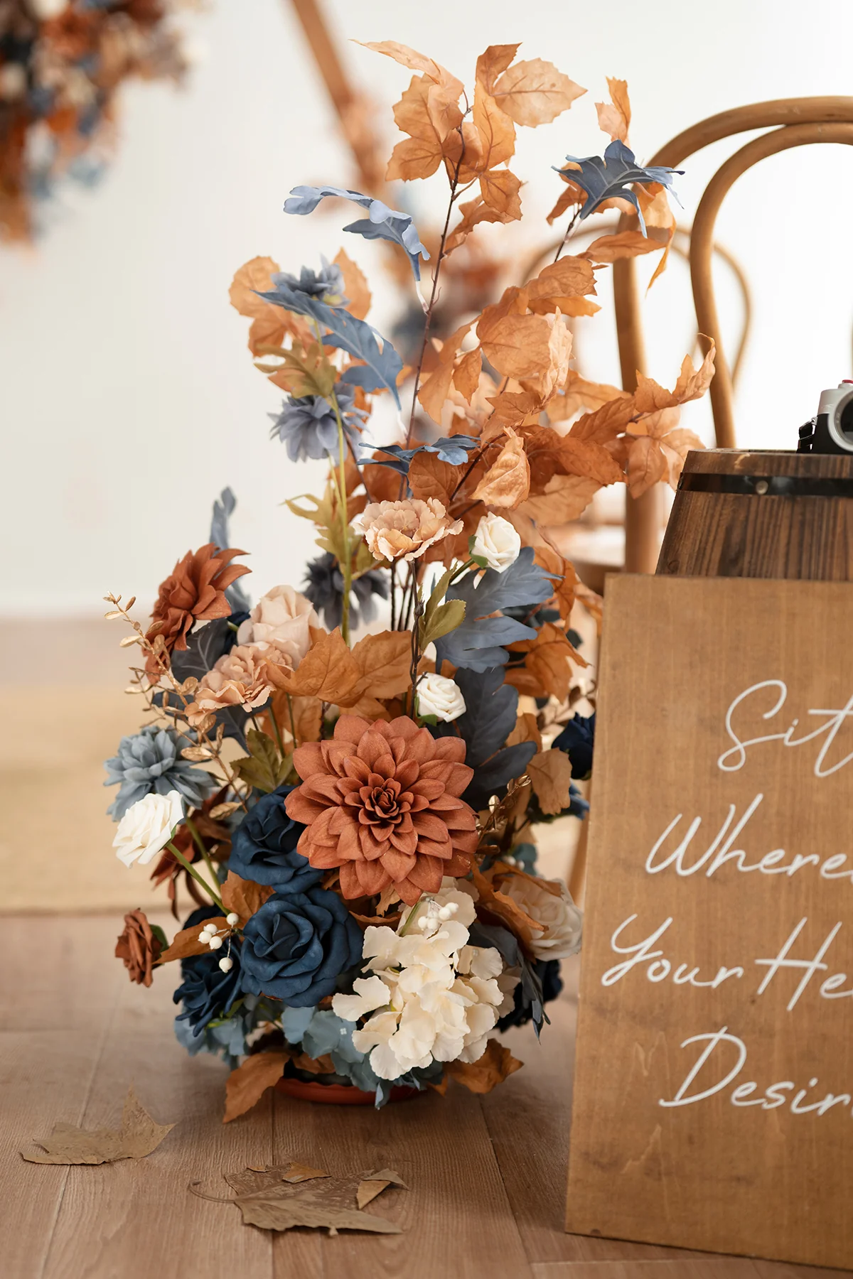 Oversized Free-Standing Ground Flower Arrangements in Russet Orange & Denim Blue | Clearance - Image 4