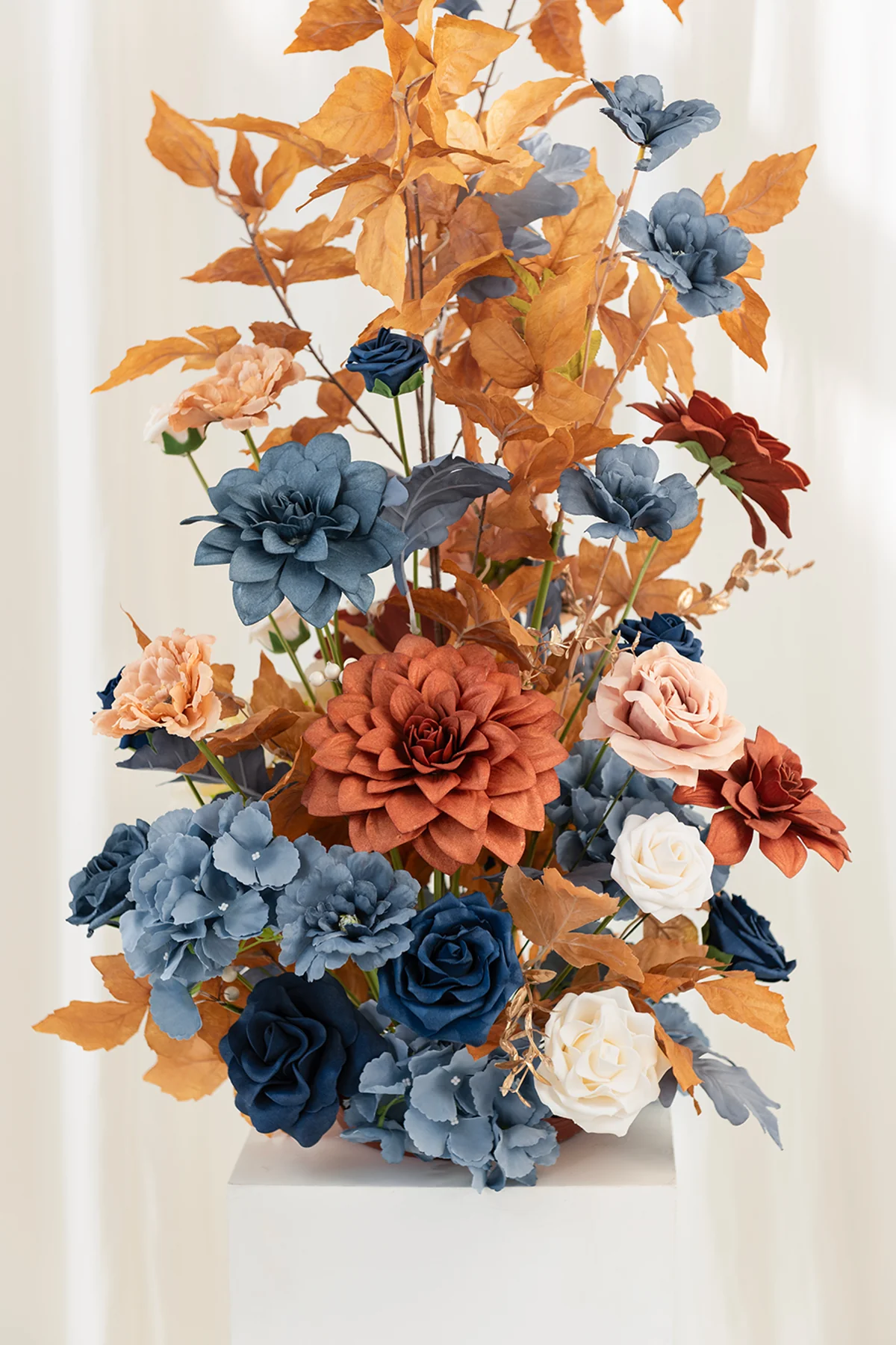 Oversized Free-Standing Ground Flower Arrangements in Russet Orange & Denim Blue | Clearance - Image 6