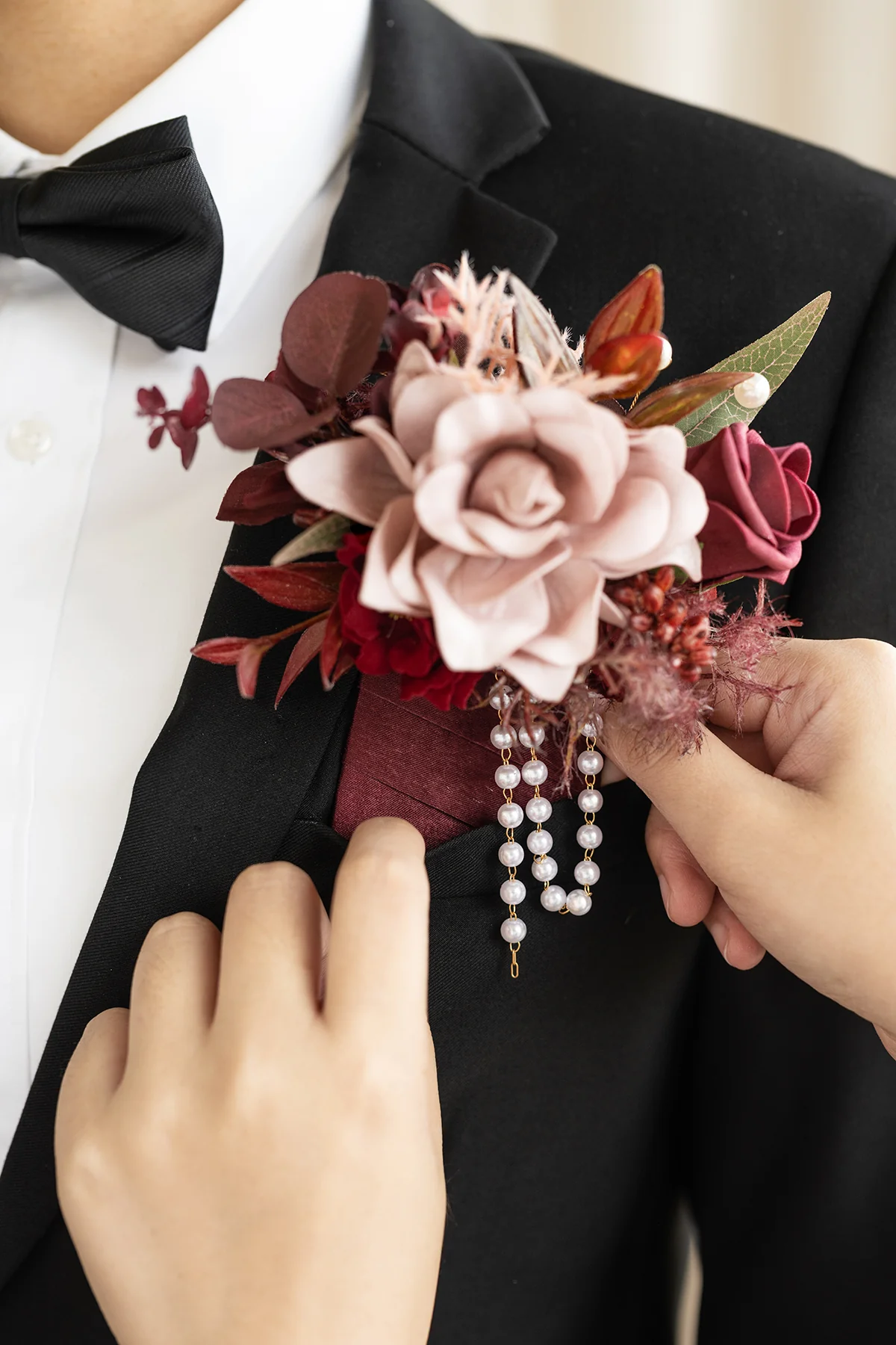 Pocket Square Boutonniere for Groom in Burgundy & Dusty Rose | Clearance - Image 3