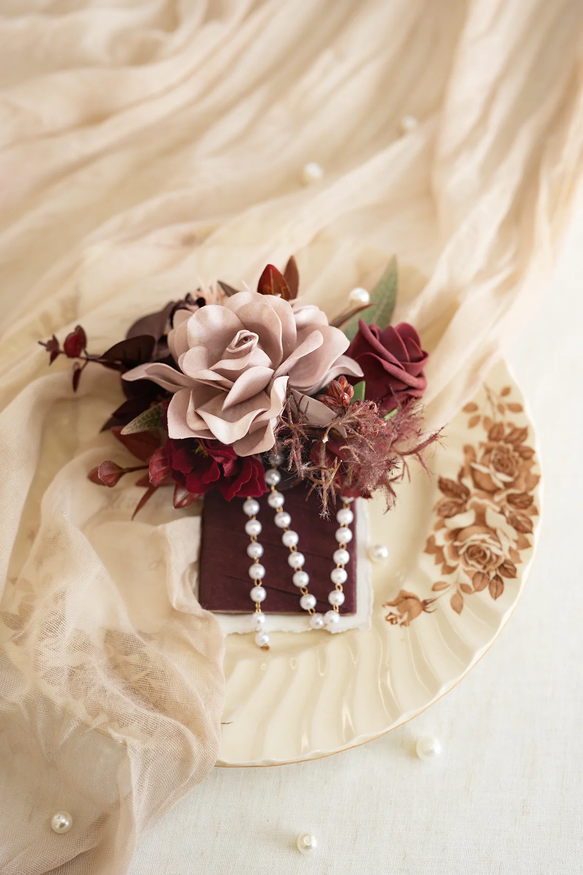 Pocket Square Boutonniere for Groom in Burgundy & Dusty Rose | Clearance - Image 4