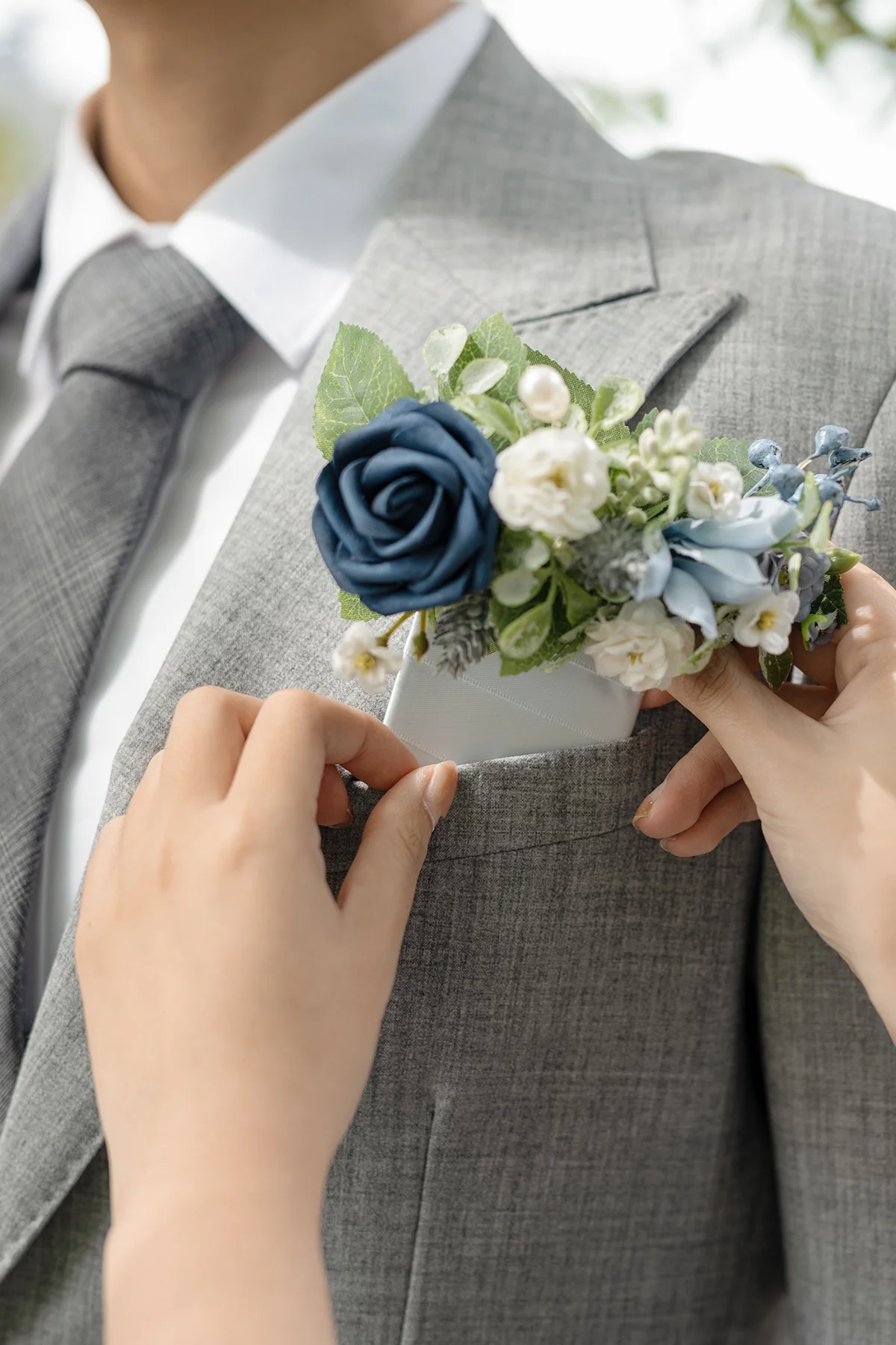 Pocket Square Boutonniere for Groom in Dusty Blue & Navy - Image 4