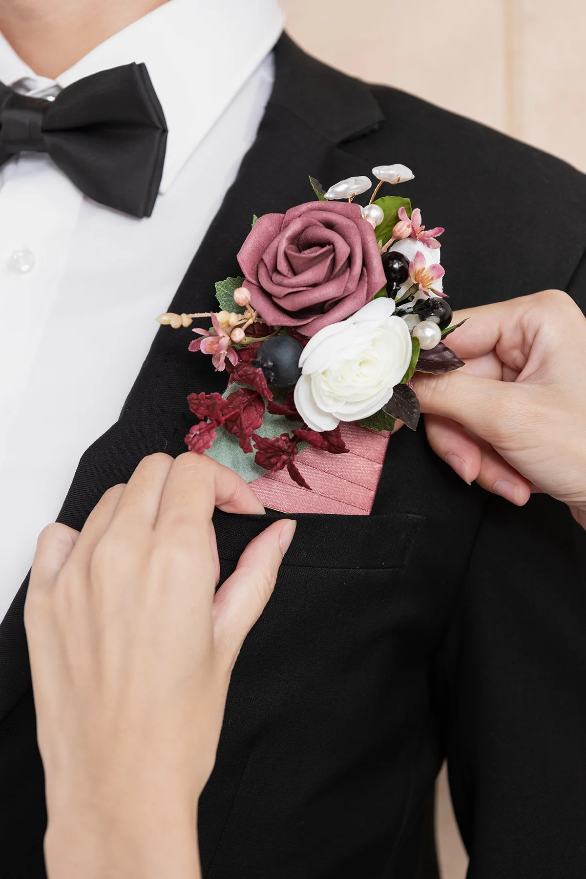Pocket Square Boutonniere for Groom in Flowing Mauve Romance | Clearance - Image 4