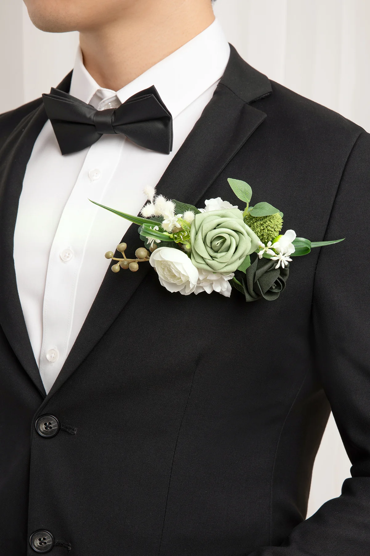 Pocket Square Boutonniere for Groom in Emerald & Tawny Beige - Image 3