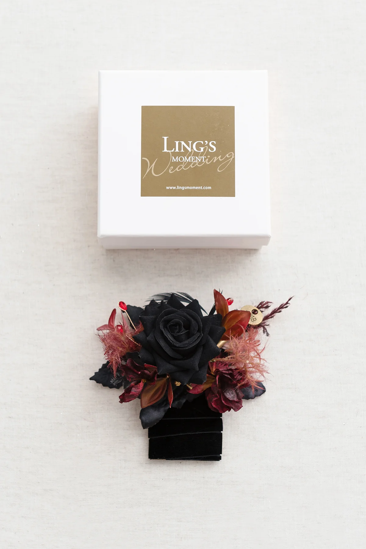 Pocket Square Boutonniere for Groom in Moody Burgundy & Black - Image 4