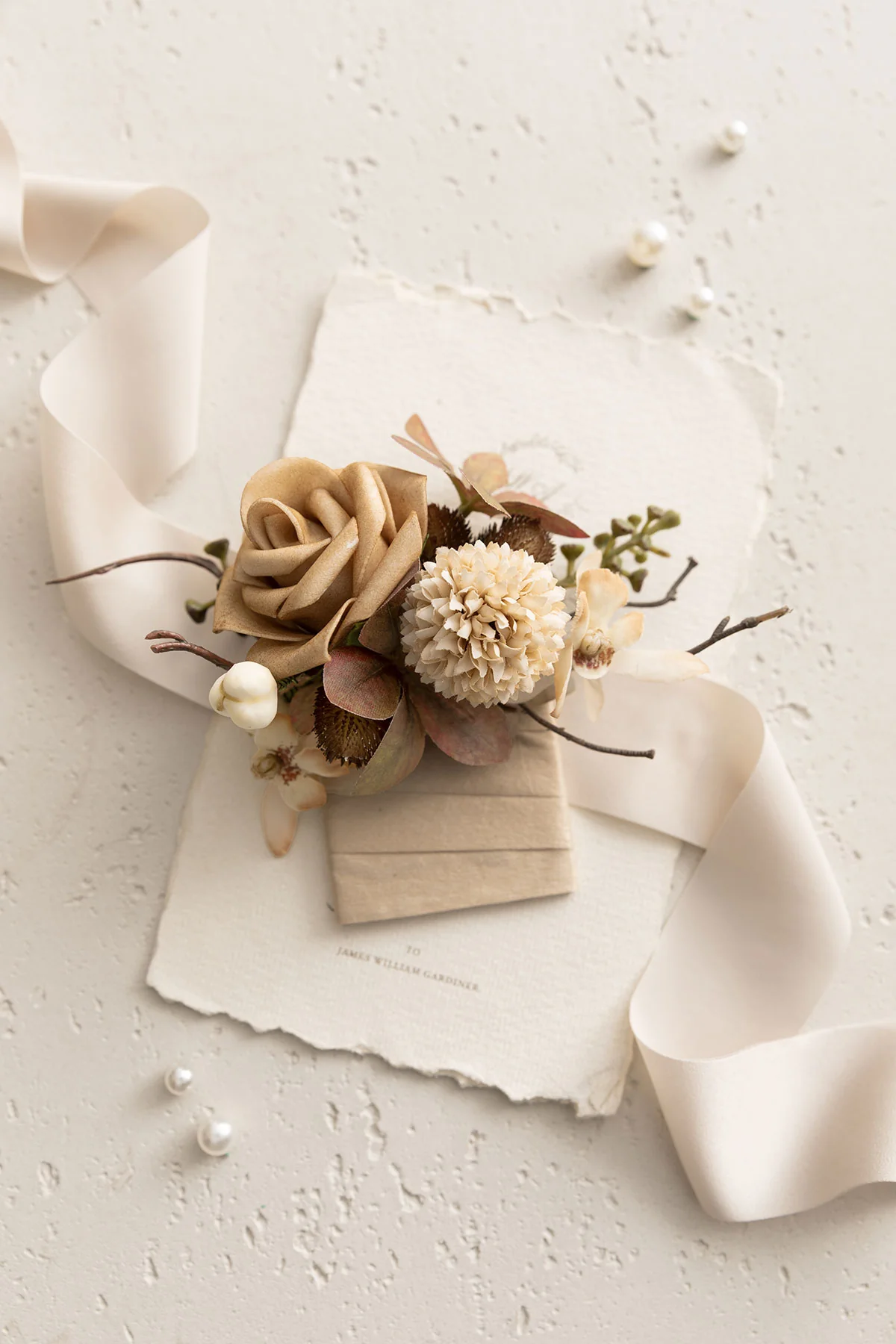 Pocket Square Boutonniere for Groom in Sand Beige & Toffee | Clearance - Image 2
