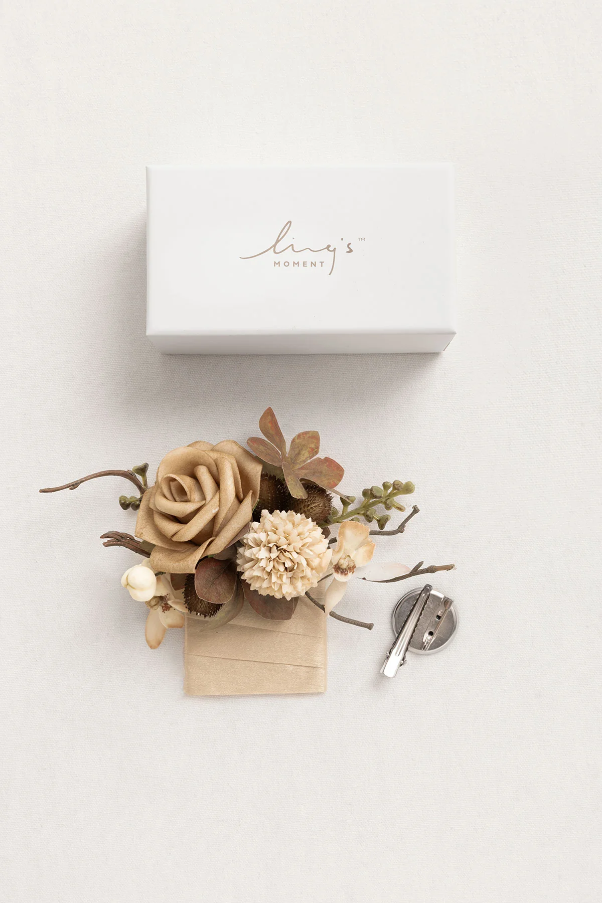 Pocket Square Boutonniere for Groom in Sand Beige & Toffee | Clearance - Image 5