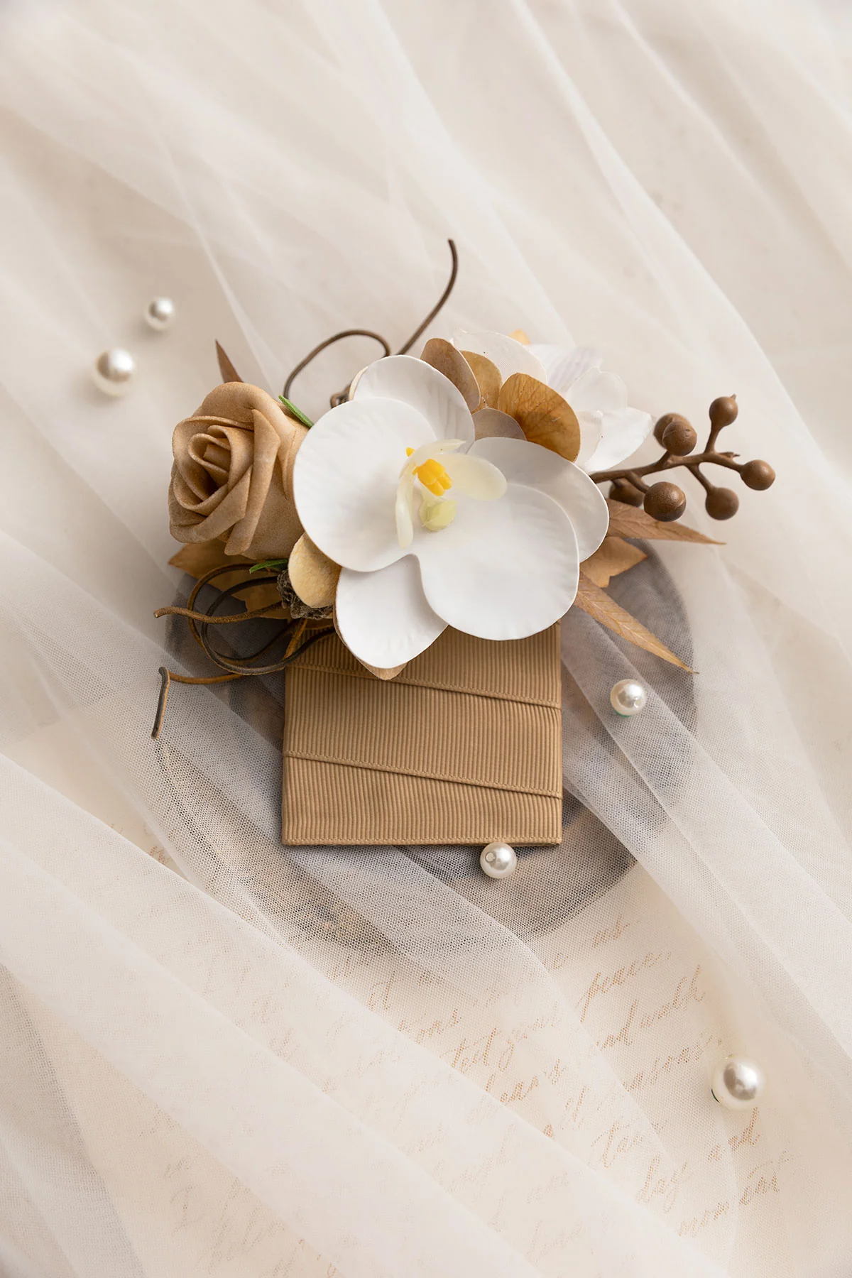 Pocket Square Boutonniere for Groom in Tawny Beige & Sand Beige | Clearance - Image 2