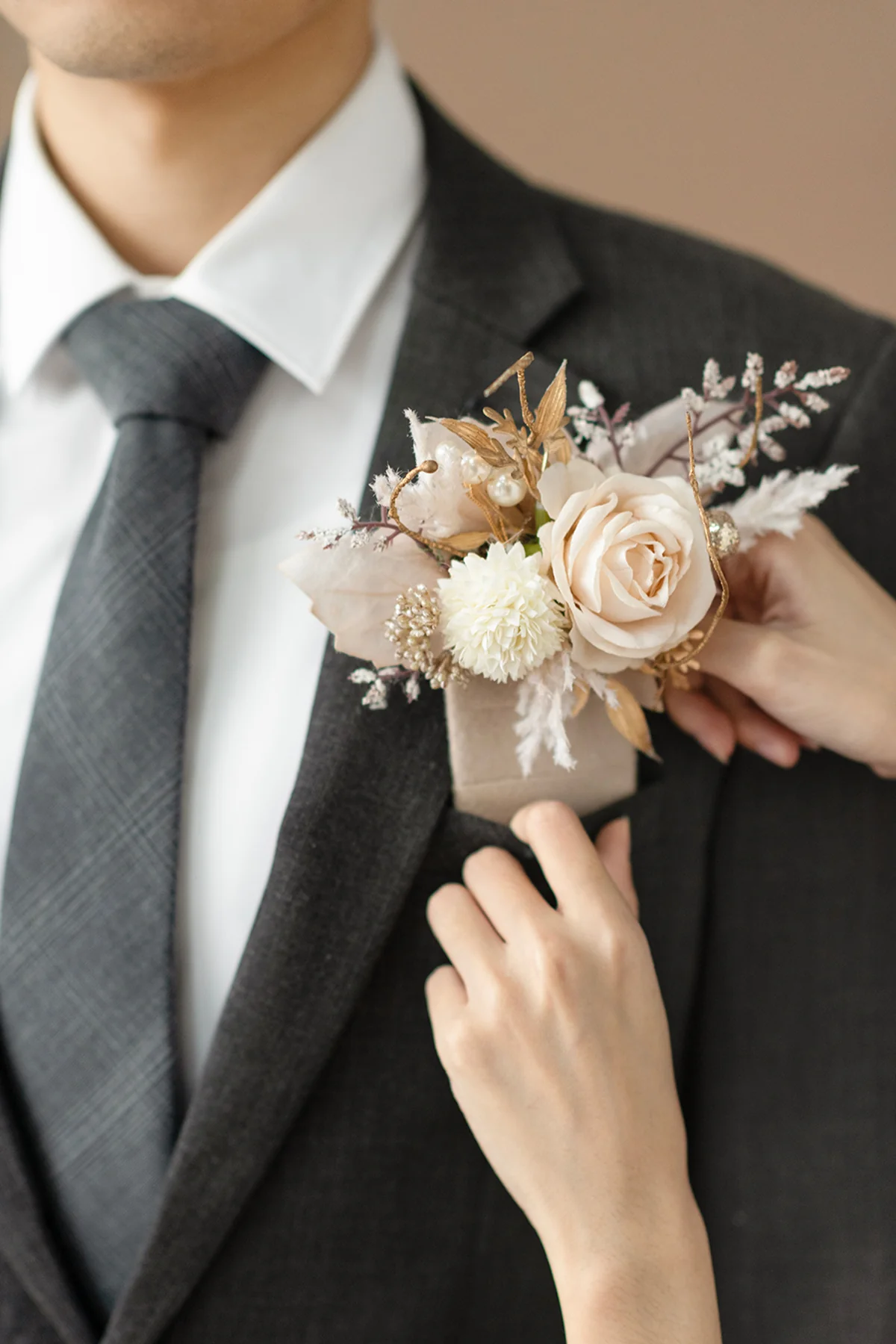 Pocket Square Boutonniere for Groom in White & Beige | Clearance - Image 3