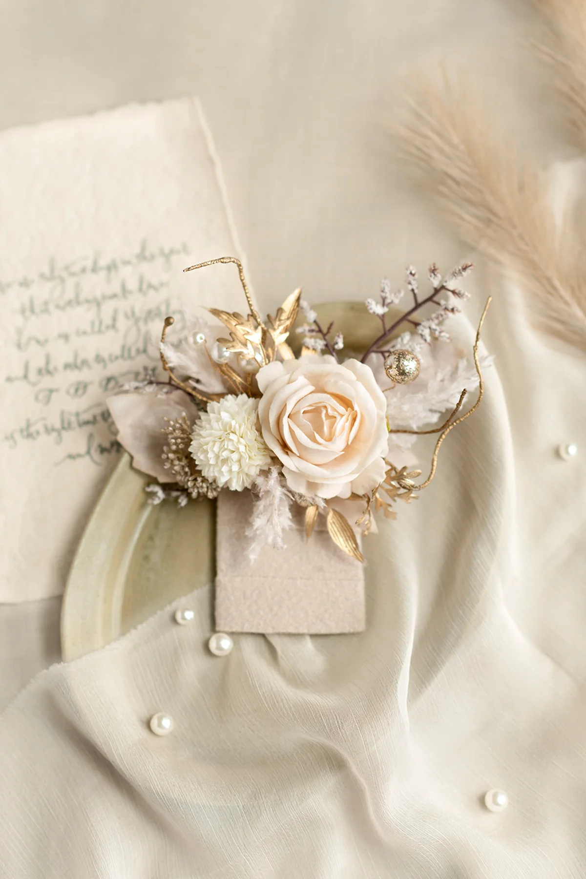 Pocket Square Boutonniere for Groom in White & Beige | Clearance - Image 4