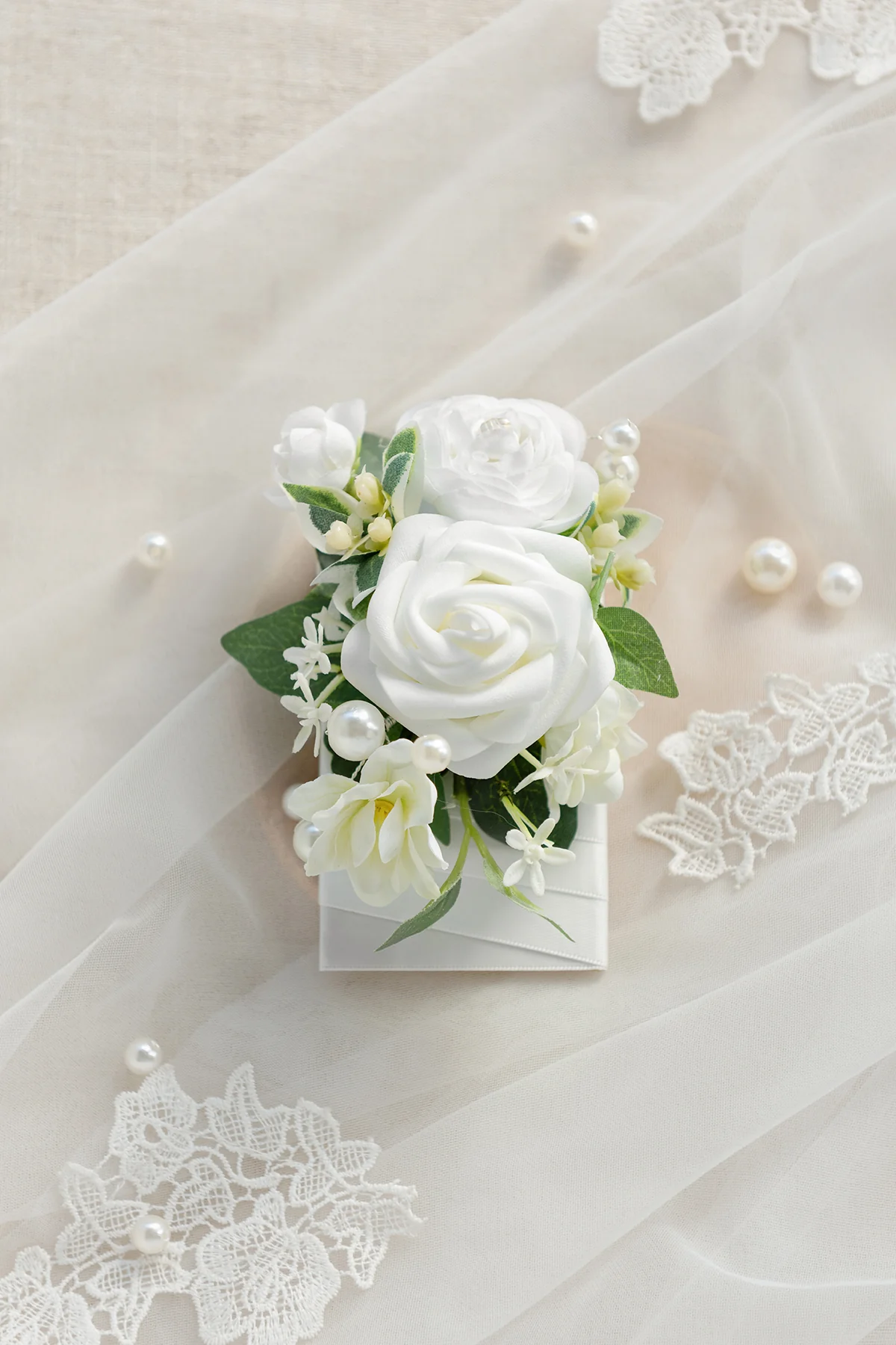 Pocket Square Boutonniere for Groom in White & Sage - Image 2