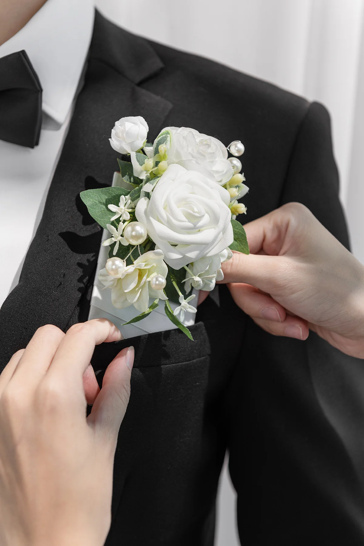 Pocket Square Boutonniere for Groom in White & Sage - Image 4