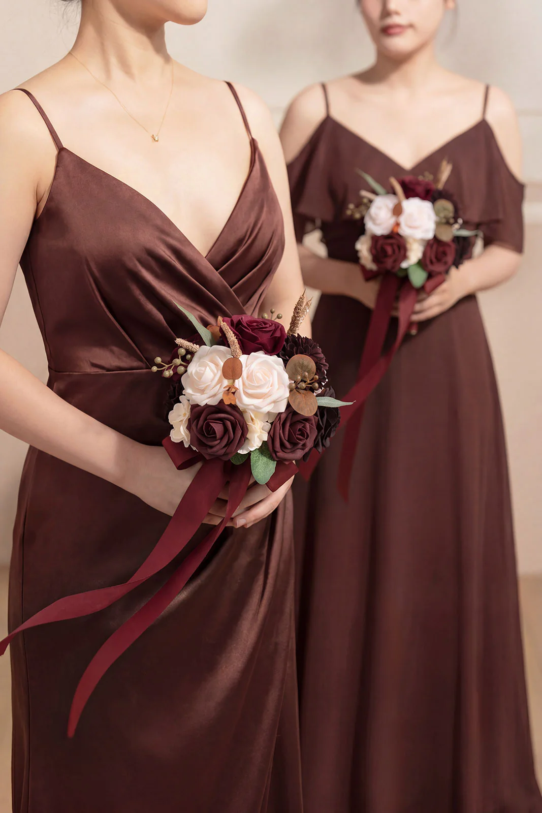 Round Bridesmaid Bouquet in Burgundy & Powder Pink (Set of 1) - Image 2