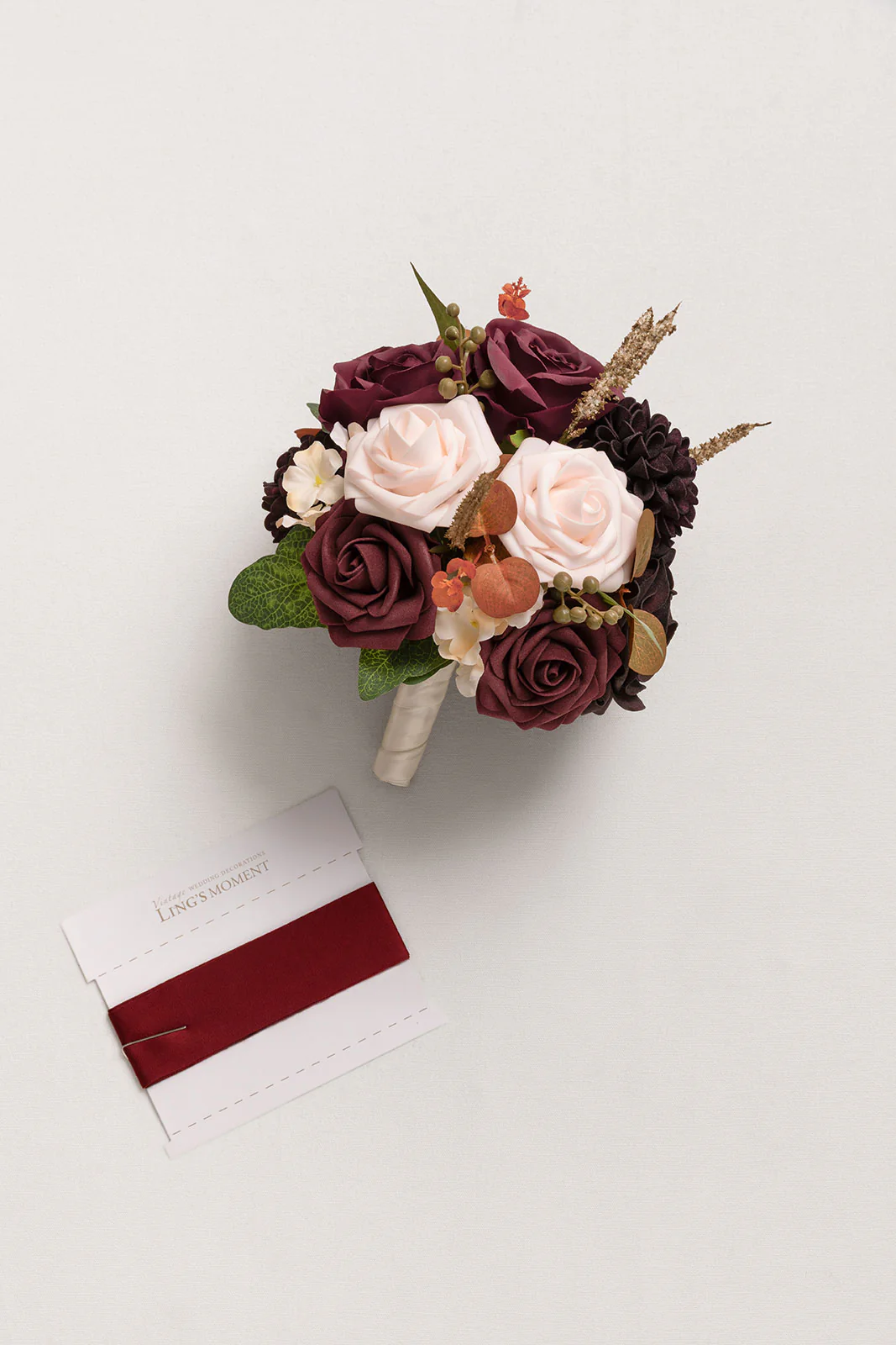 Round Bridesmaid Bouquet in Burgundy & Powder Pink (Set of 1) - Image 5