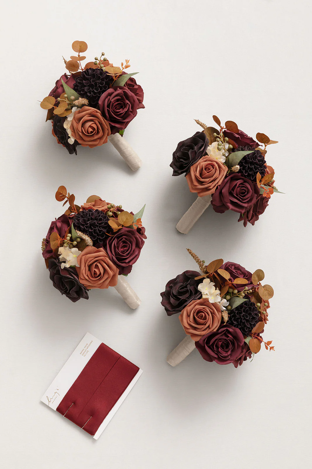 Round Bridesmaid Bouquets in Burgundy & Burnt Orange (Set of 4) - Image 5