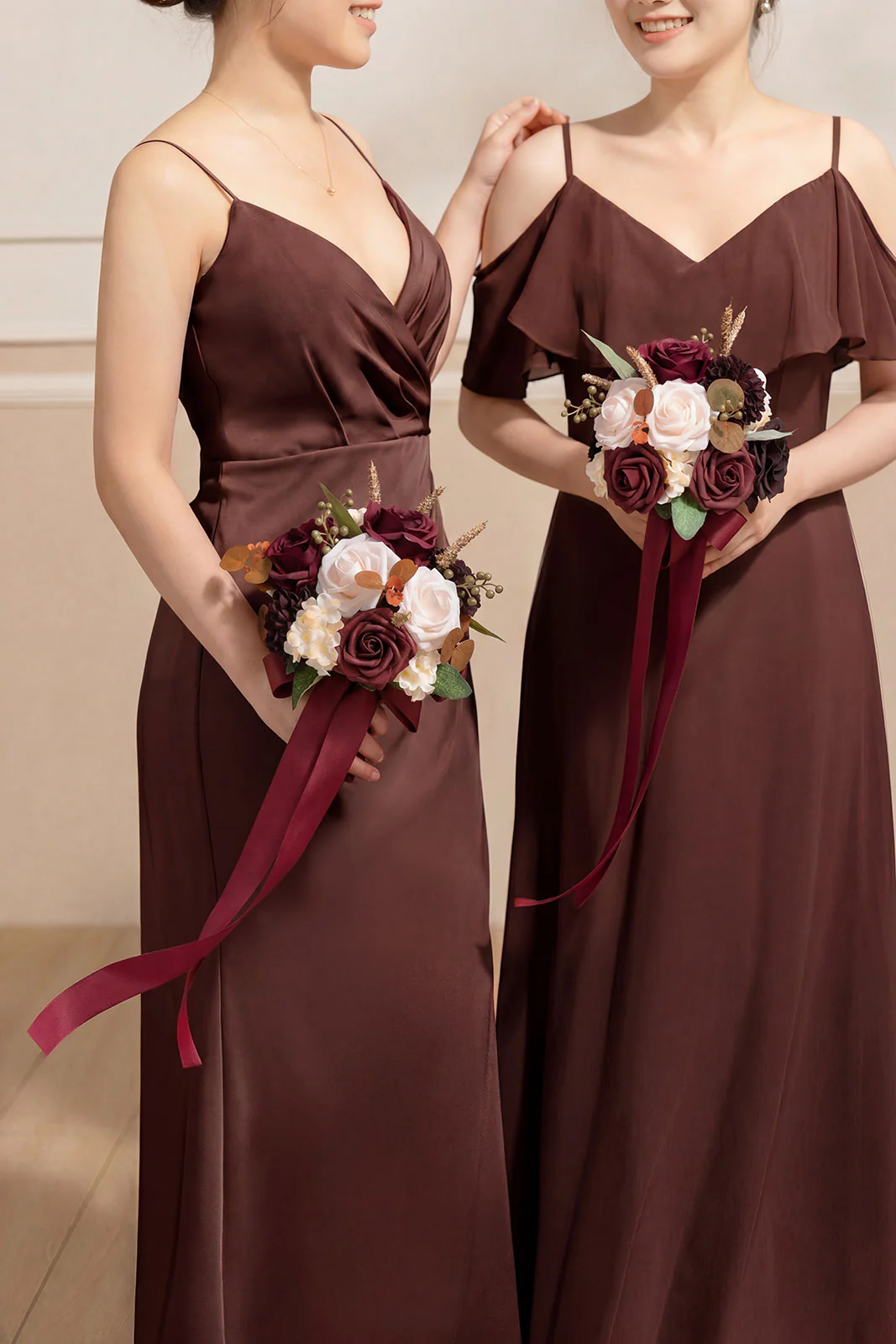 Round Bridesmaid Bouquets in Burgundy & Powder Pink (Set of 4) - Image 3