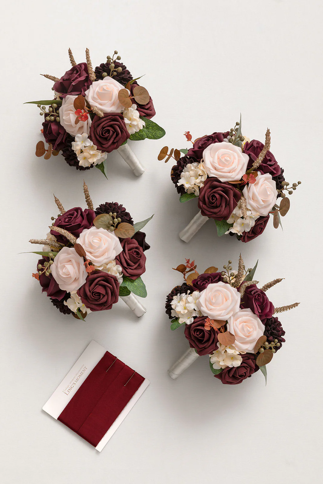 Round Bridesmaid Bouquets in Burgundy & Powder Pink (Set of 4) - Image 5