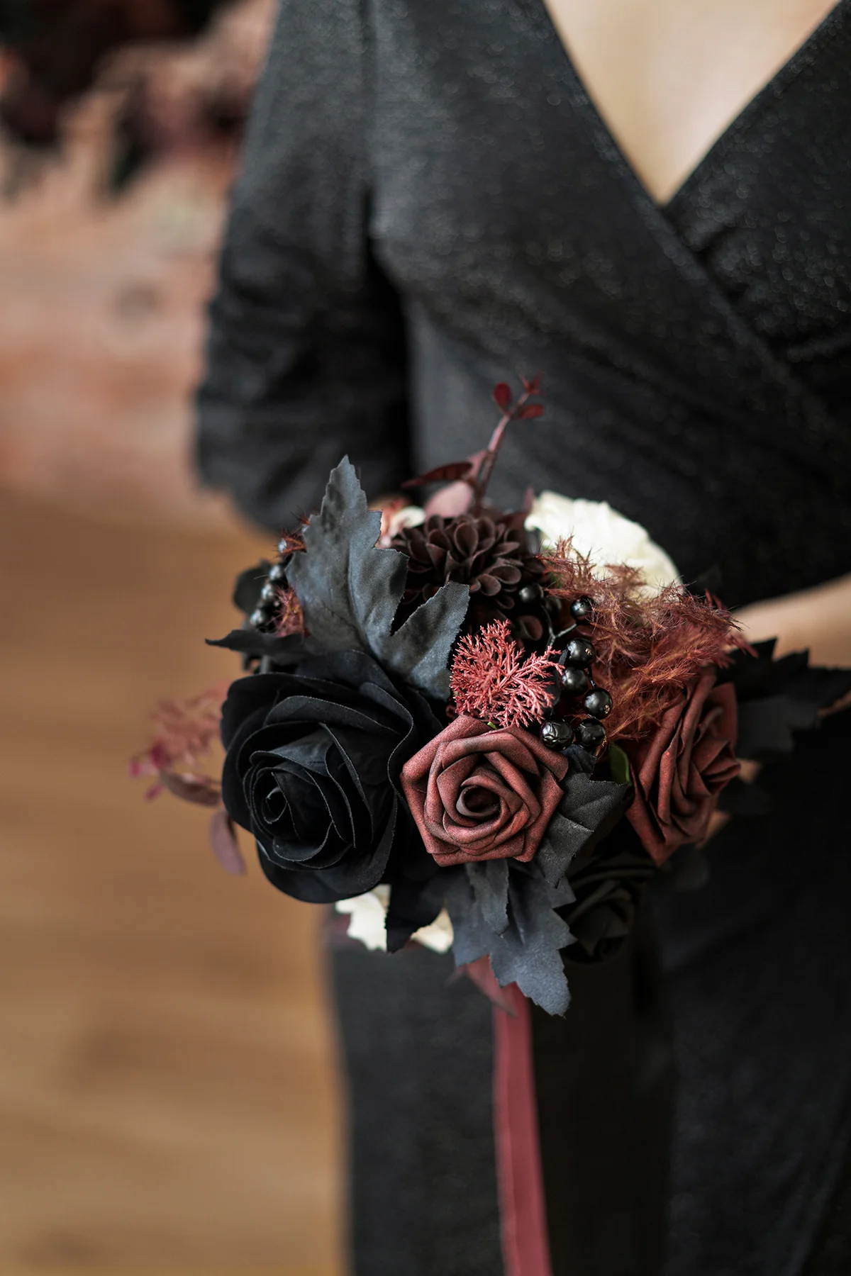 Round Bridesmaid Bouquets in Moody Burgundy & Black - Image 5