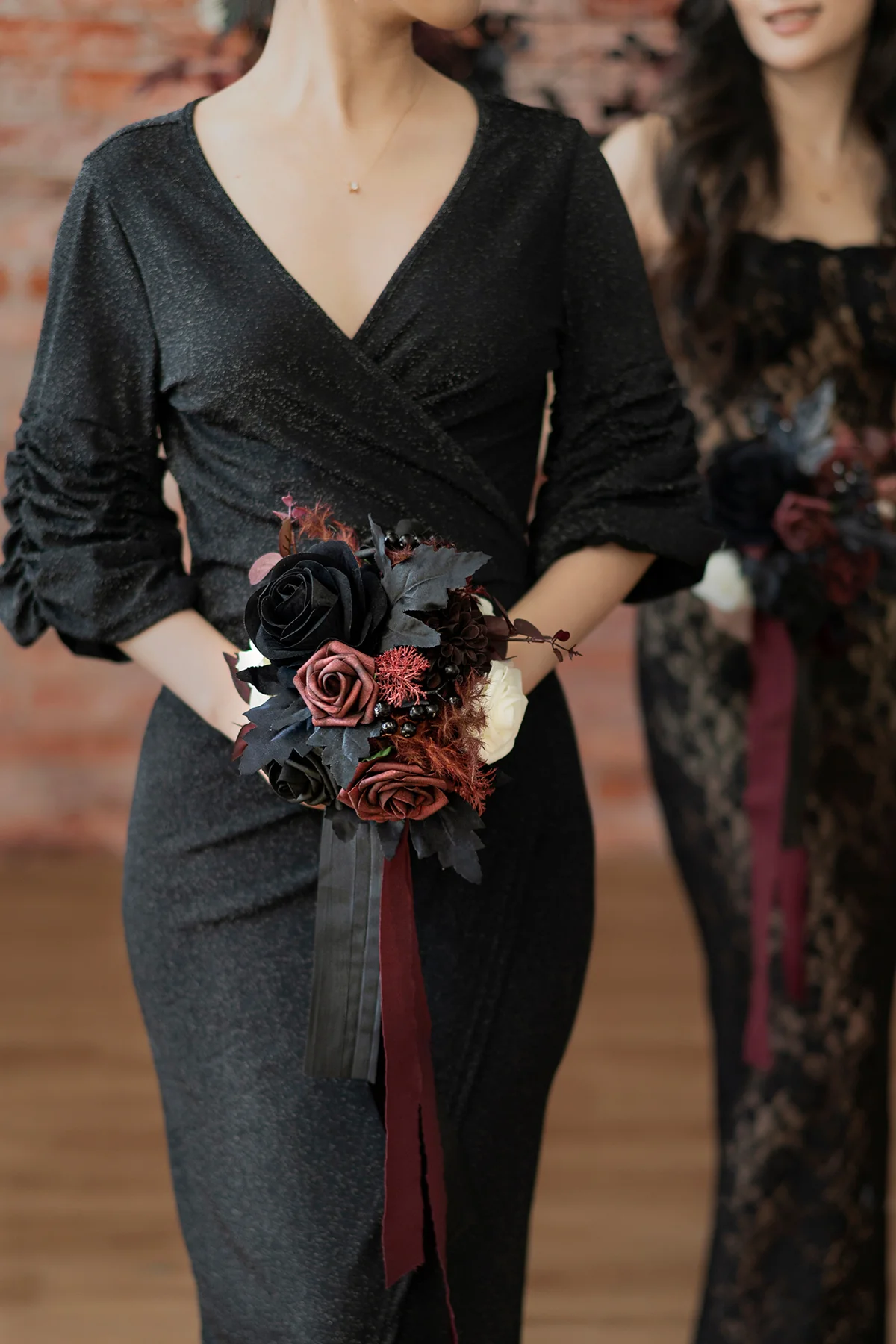 Round Bridesmaid Bouquets in Moody Burgundy & Black (Set of 1) - Image 2