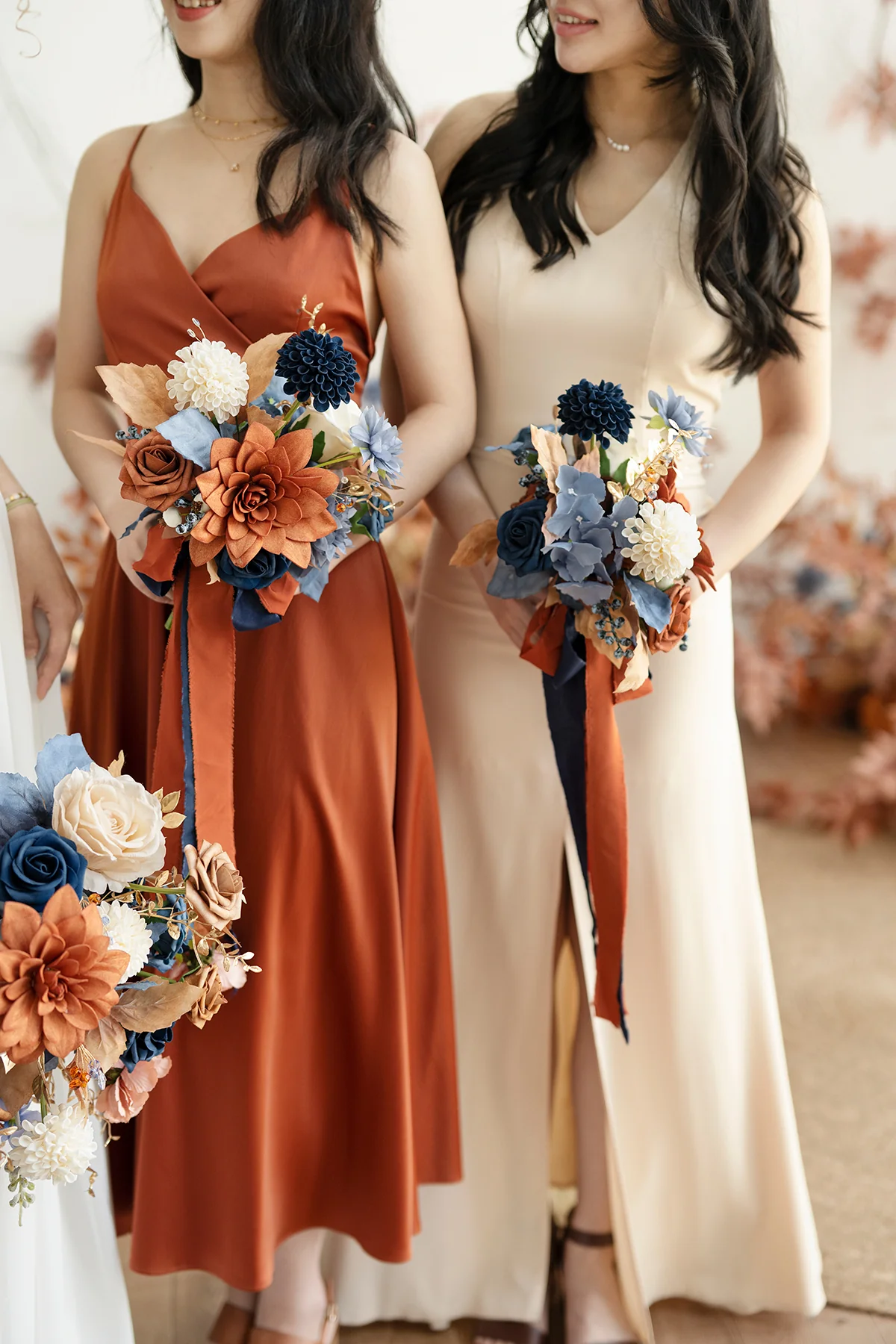Round Bridesmaid Bouquets in Russet Orange & Denim Blue - Image 2