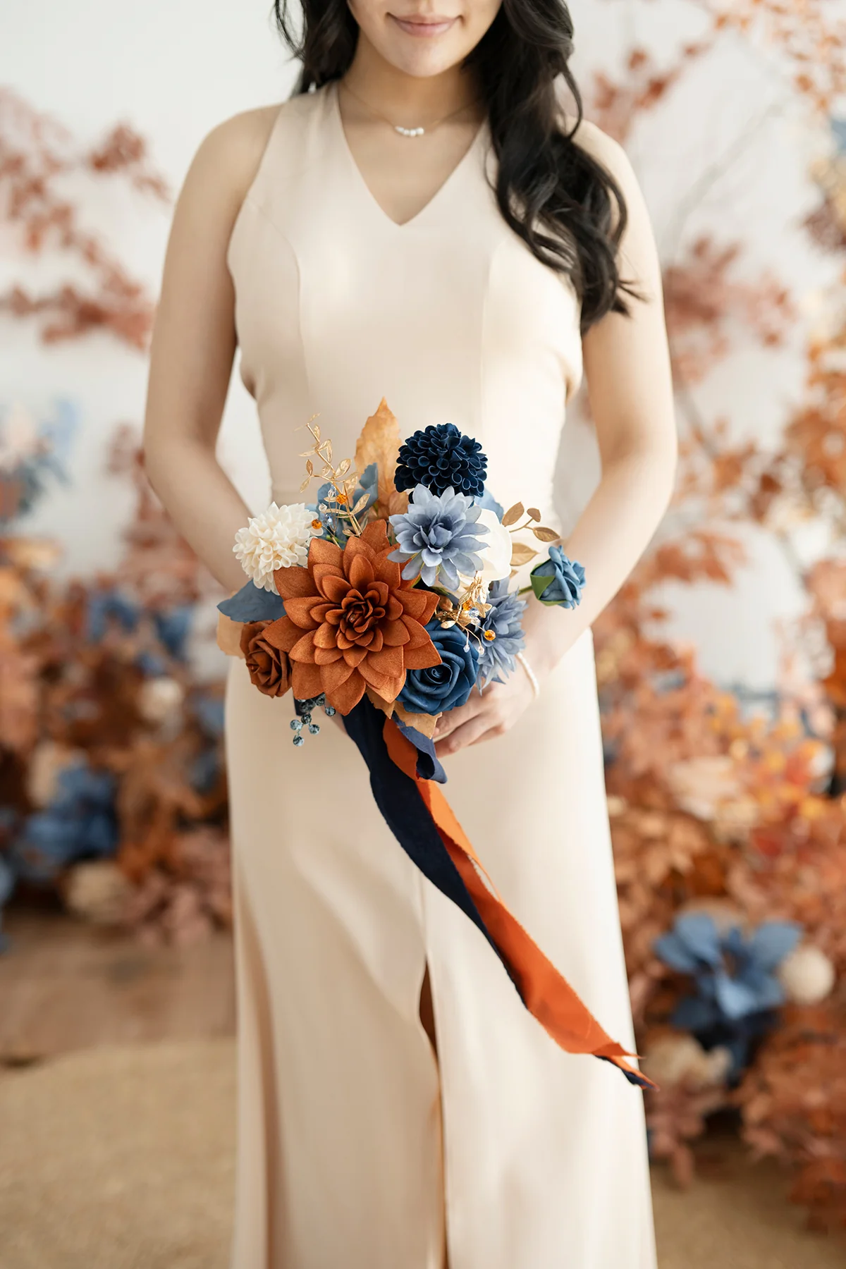 Round Bridesmaid Bouquets in Russet Orange & Denim Blue - Image 6