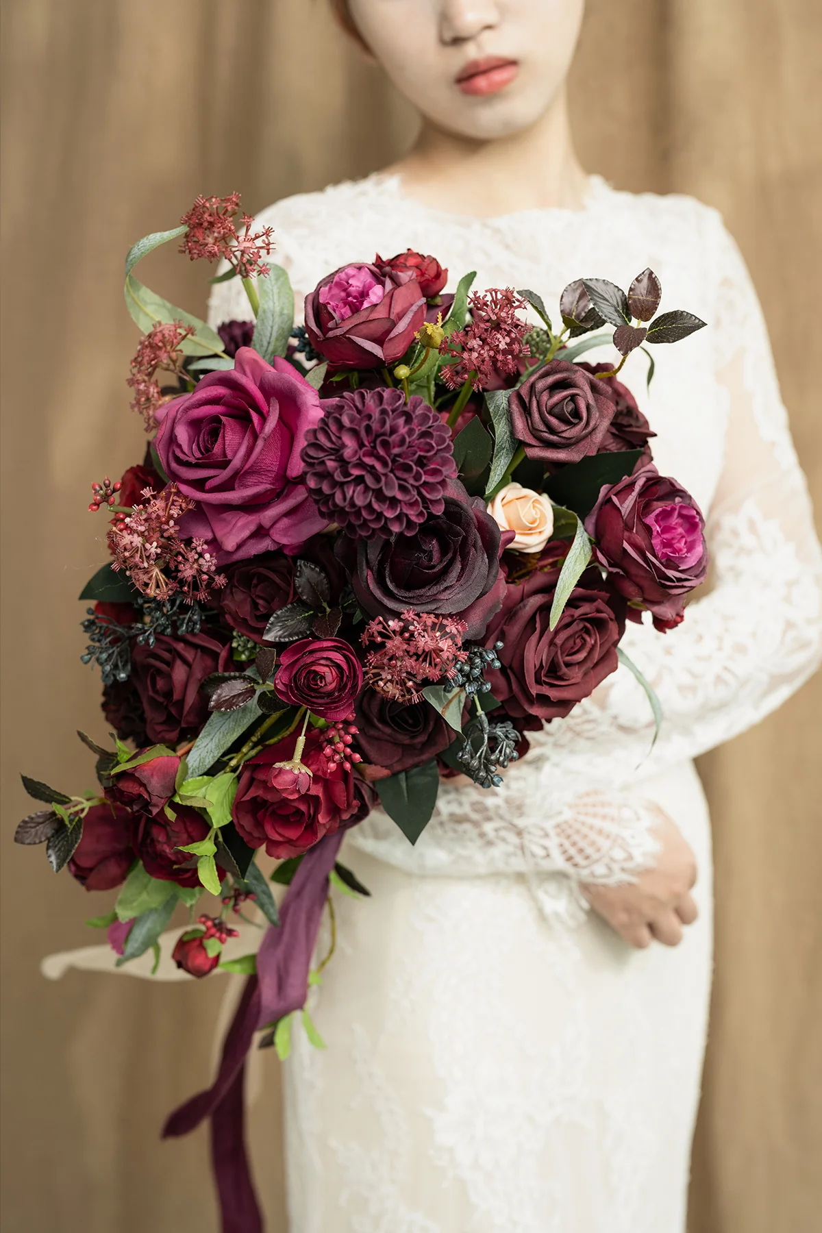 Small Cascade Bridal Bouquet in Bordeaux Red & Wine - Image 5
