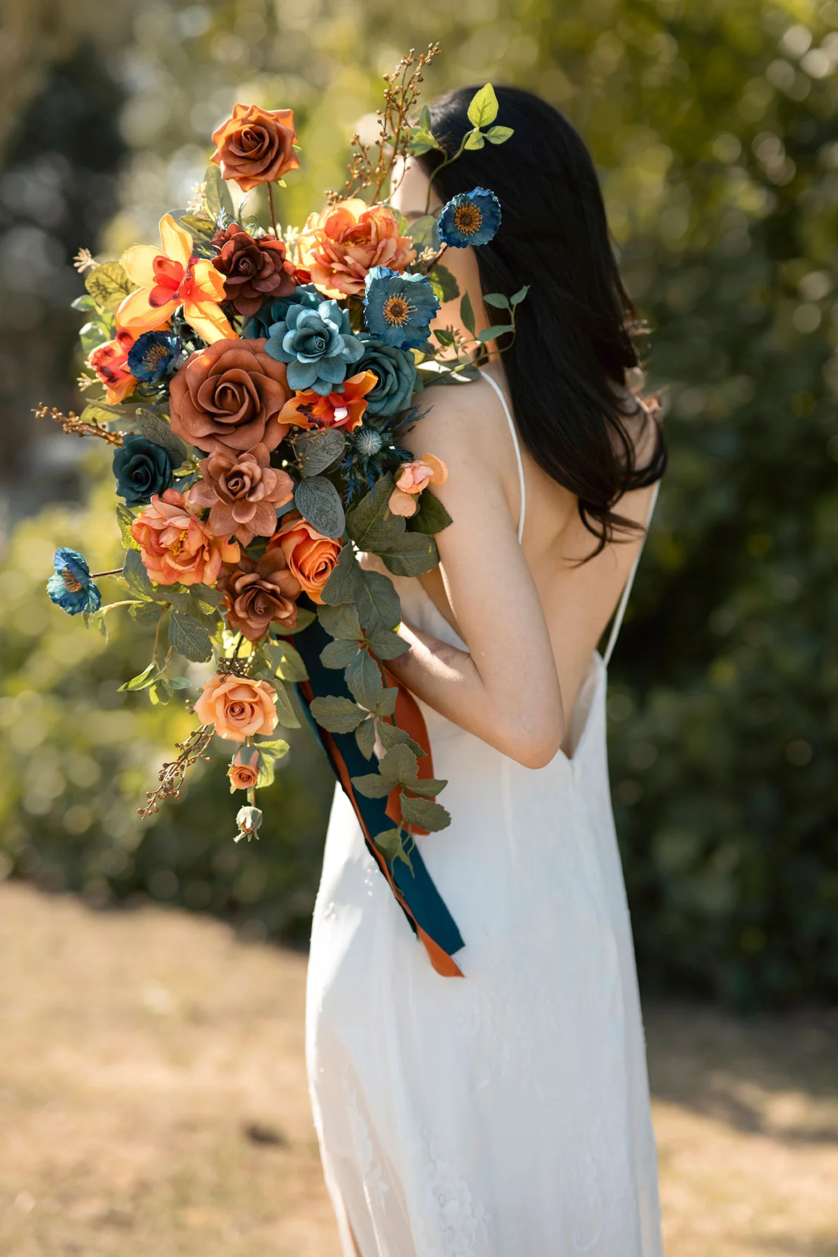 Small Cascade Bridal Bouquet in Dark Teal & Burnt Orange - Image 2