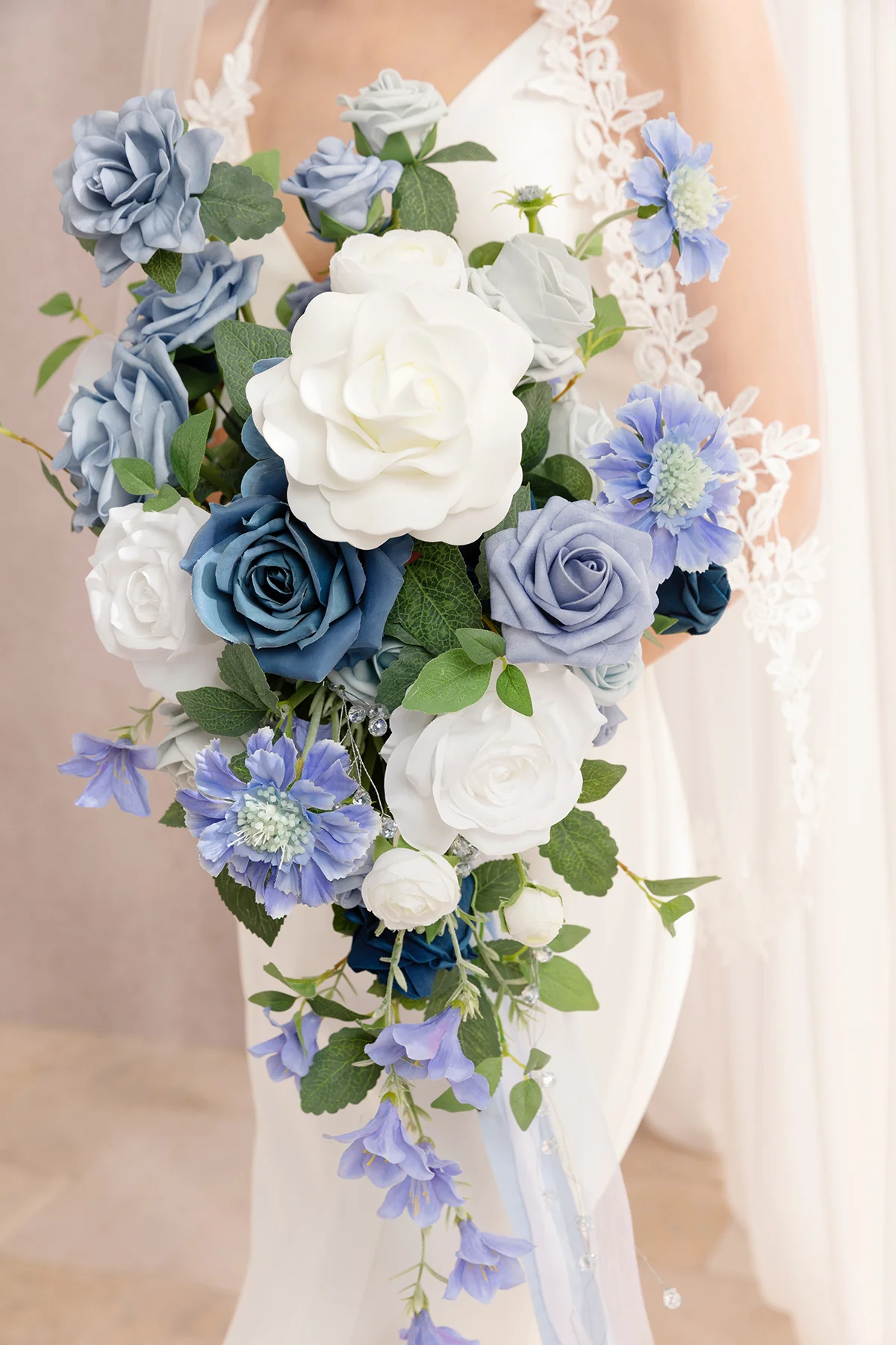 Small Cascade Bridal Bouquet in Dusty Blue & Ivory - Image 5