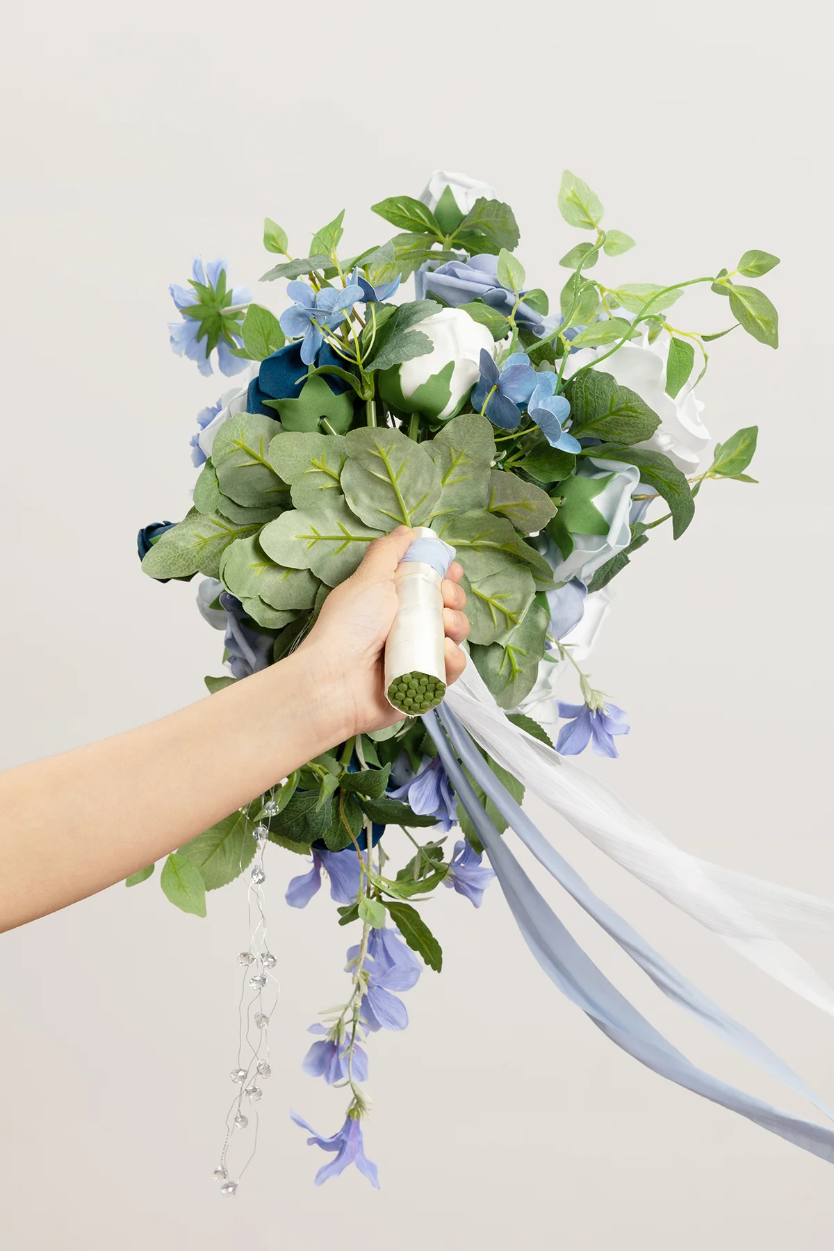 Small Cascade Bridal Bouquet in Dusty Blue & Ivory - Image 7