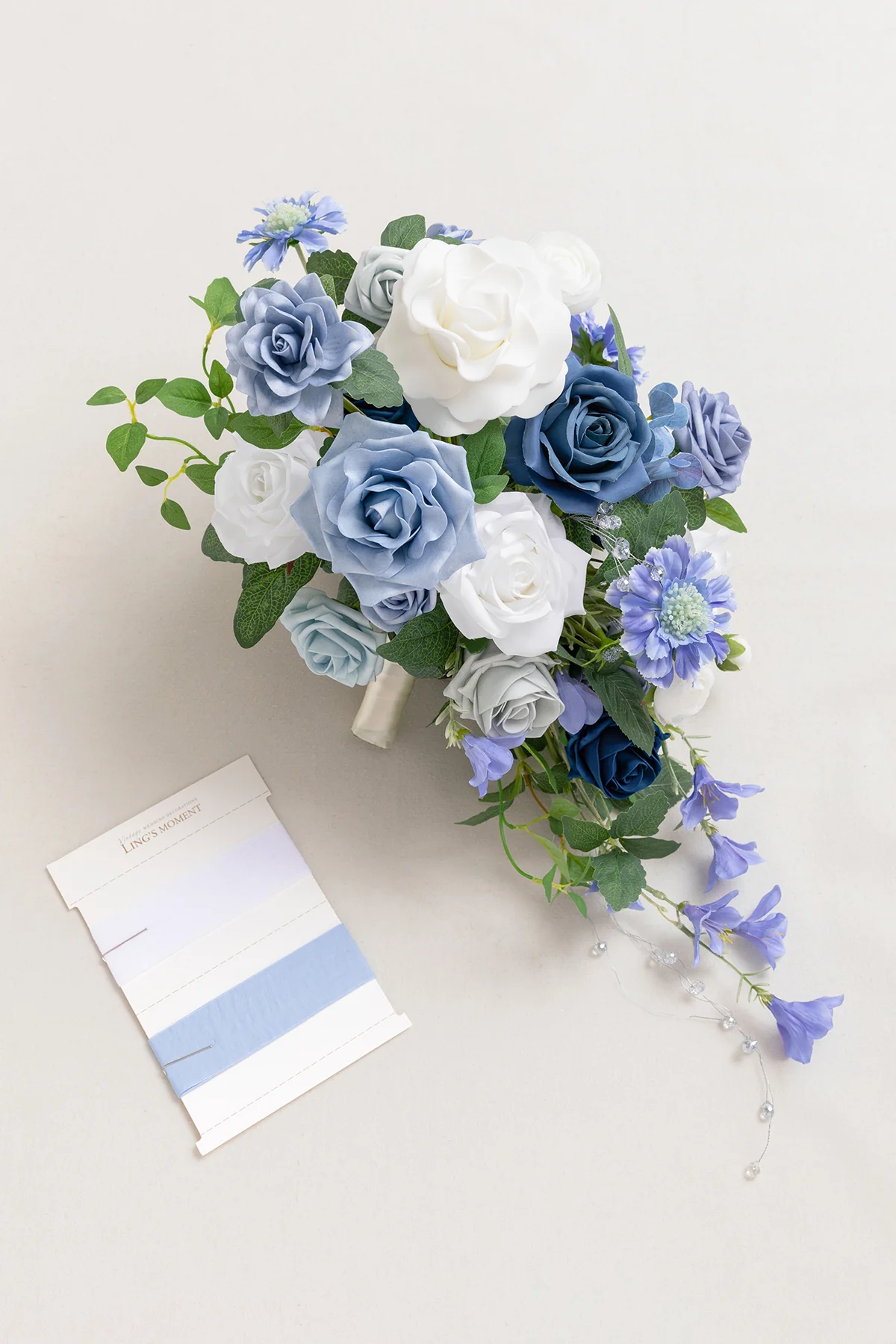 Small Cascade Bridal Bouquet in Dusty Blue & Ivory - Image 8