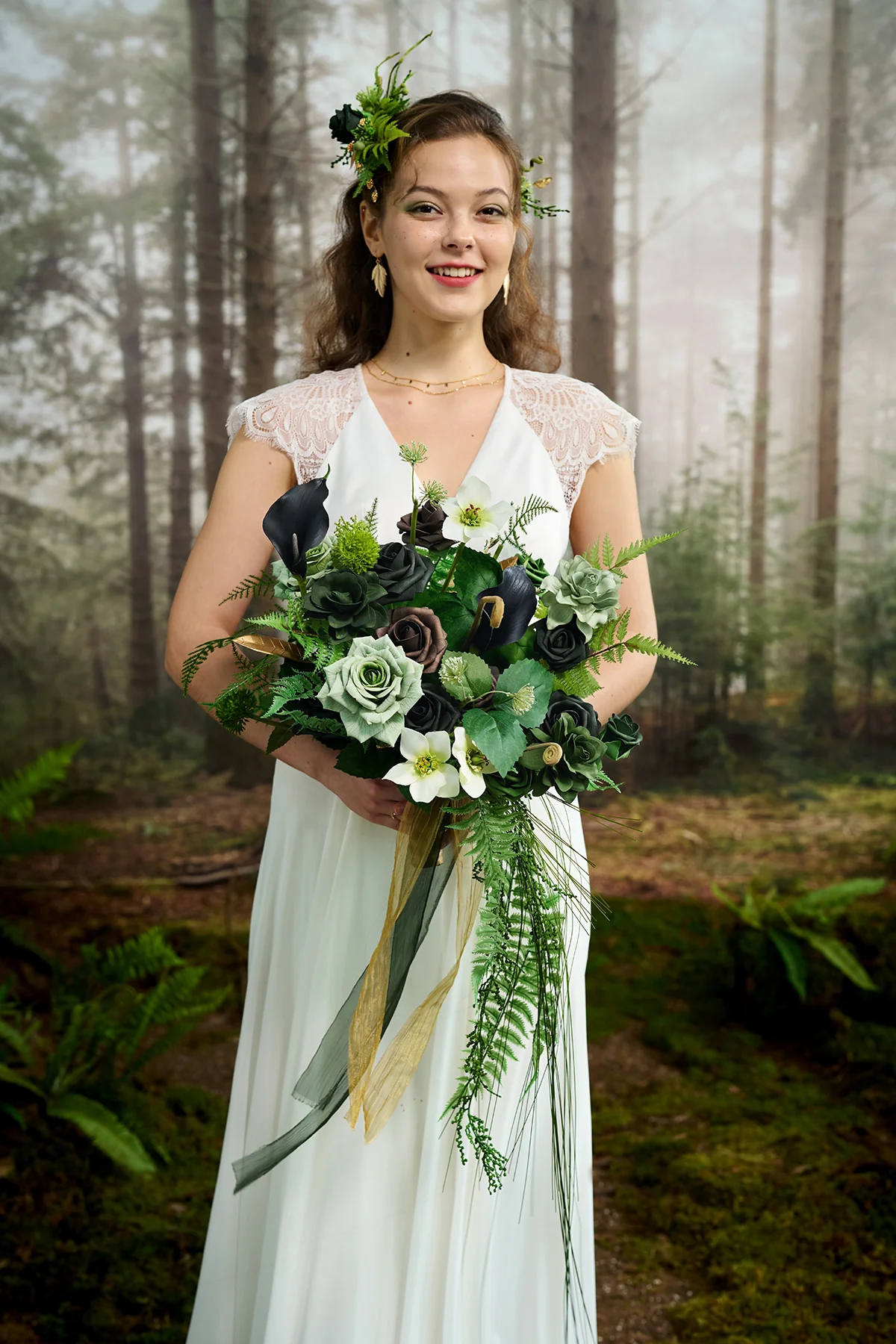 Small Cascade Bridal Bouquet in Forest Green & Gold | Clearance - Image 5