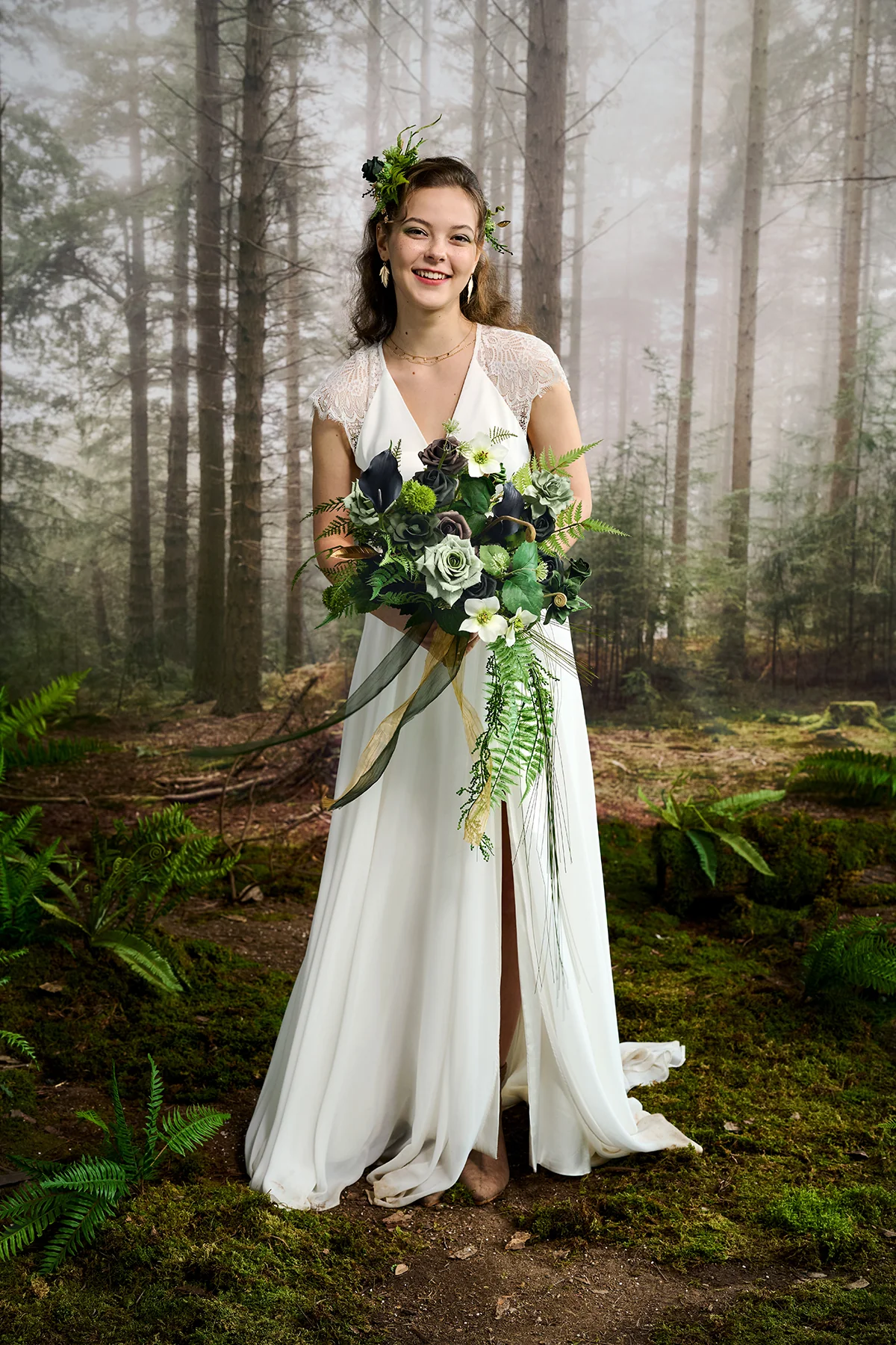 Small Cascade Bridal Bouquet in Forest Green & Gold | Clearance - Image 6