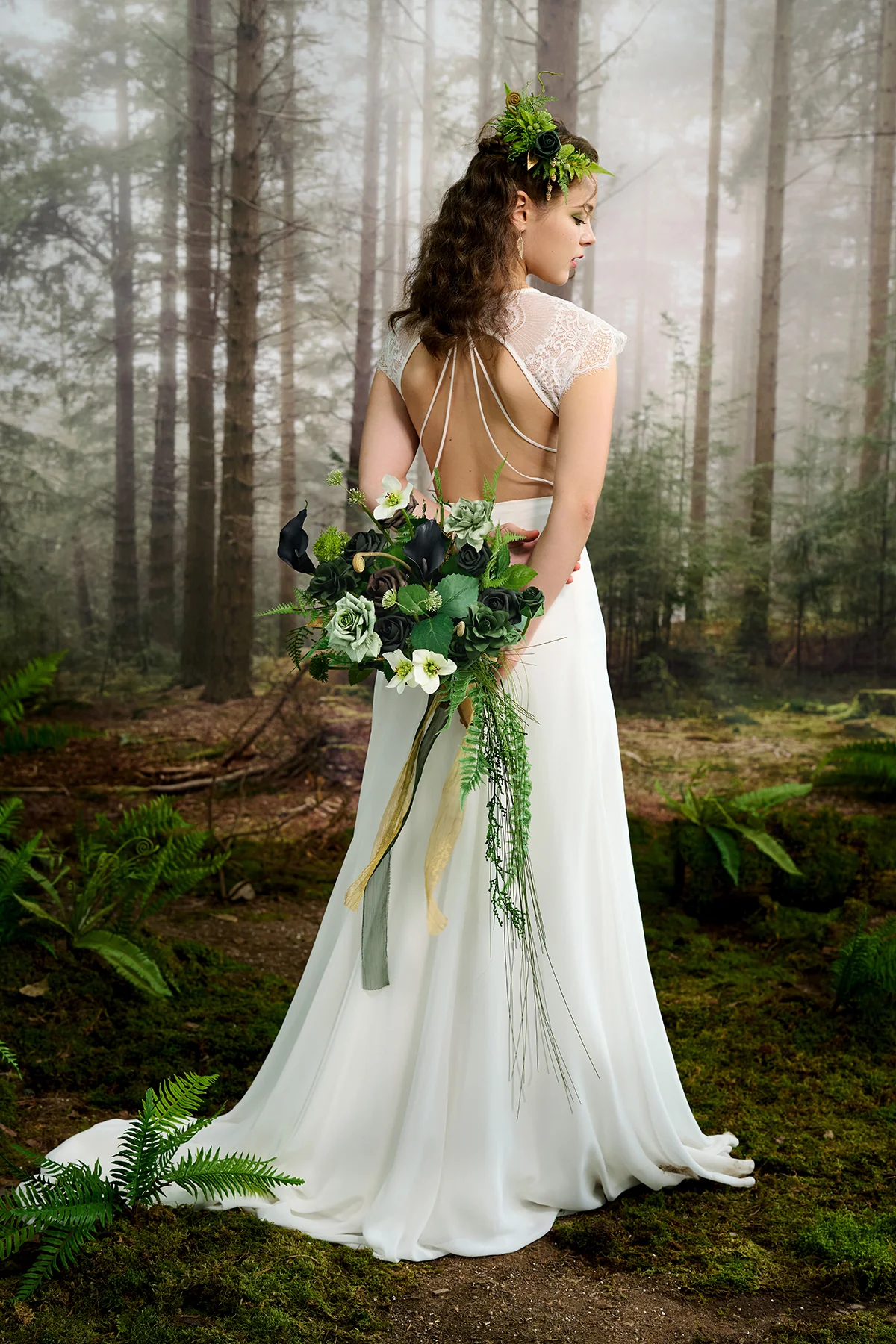 Small Cascade Bridal Bouquet in Forest Green & Gold | Clearance - Image 7