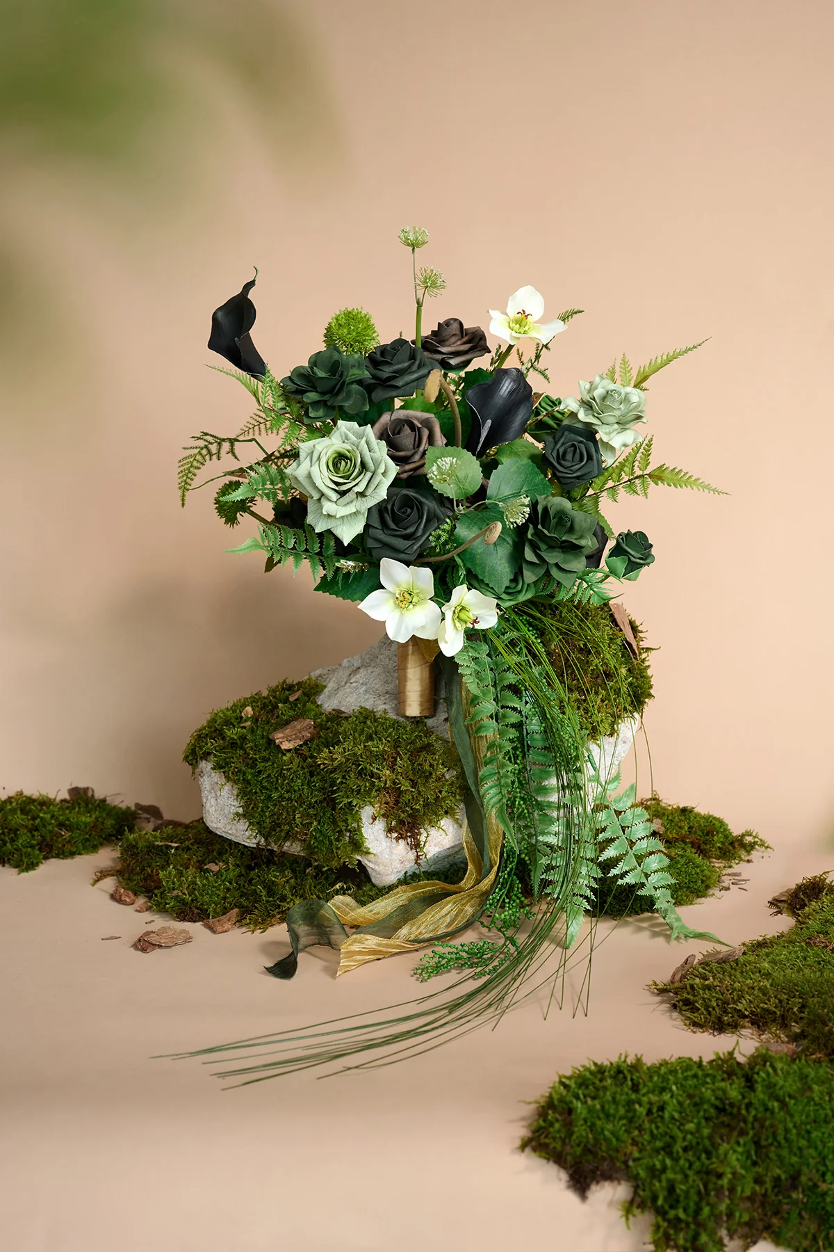 Small Cascade Bridal Bouquet in Forest Green & Gold | Clearance - Image 8