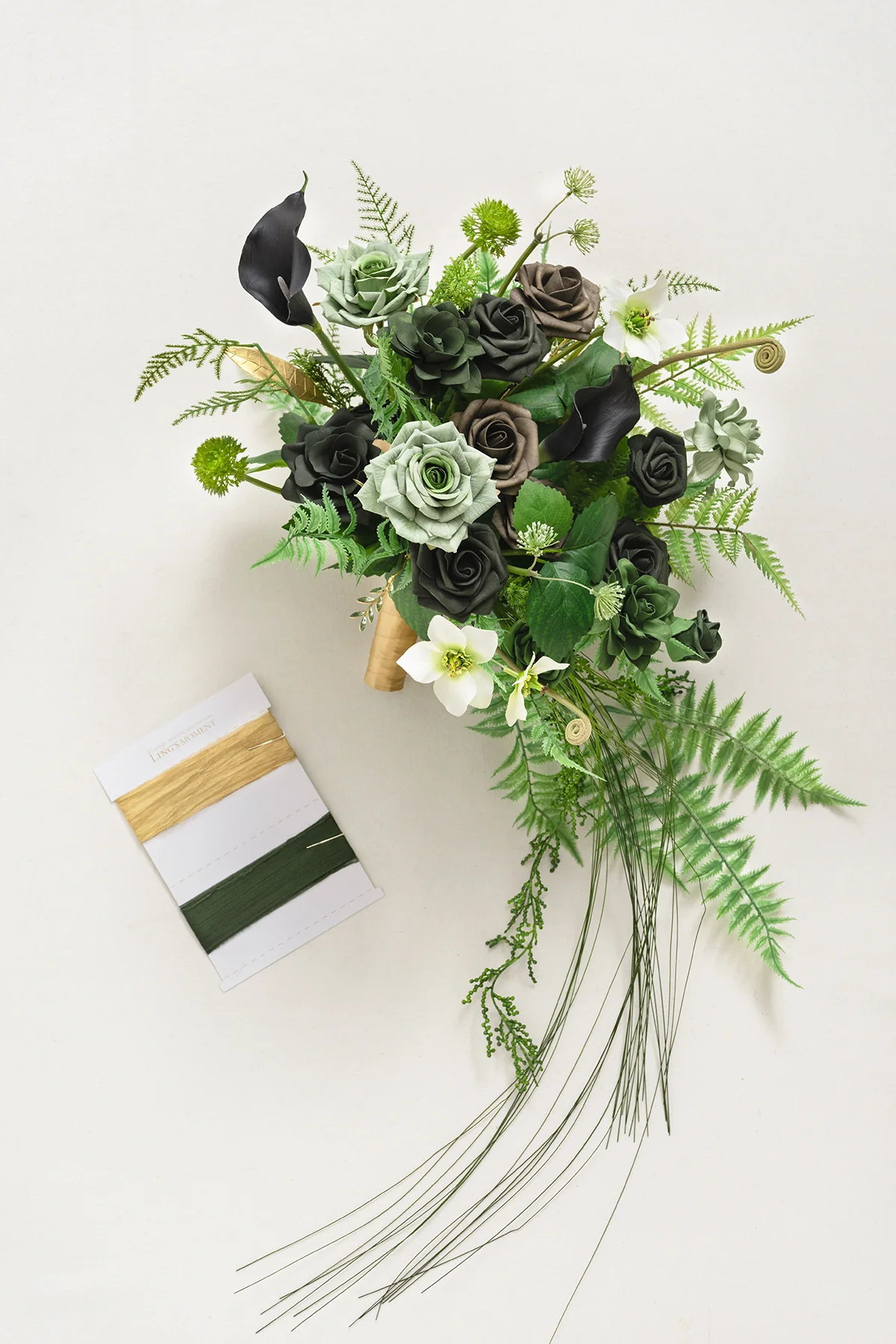 Small Cascade Bridal Bouquet in Forest Green & Gold | Clearance - Image 9