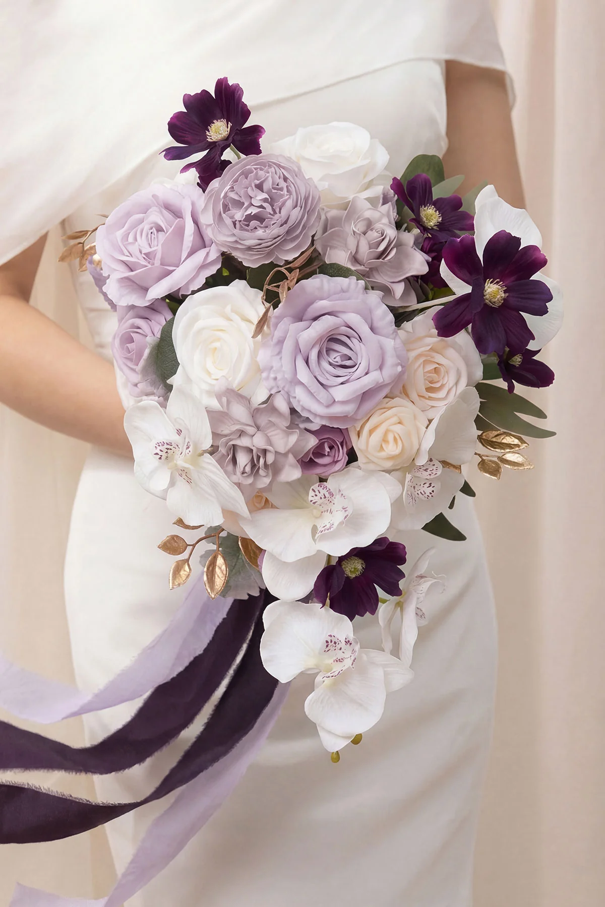 Small Cascade Bridal Bouquet in Lilac & Gold - Image 3
