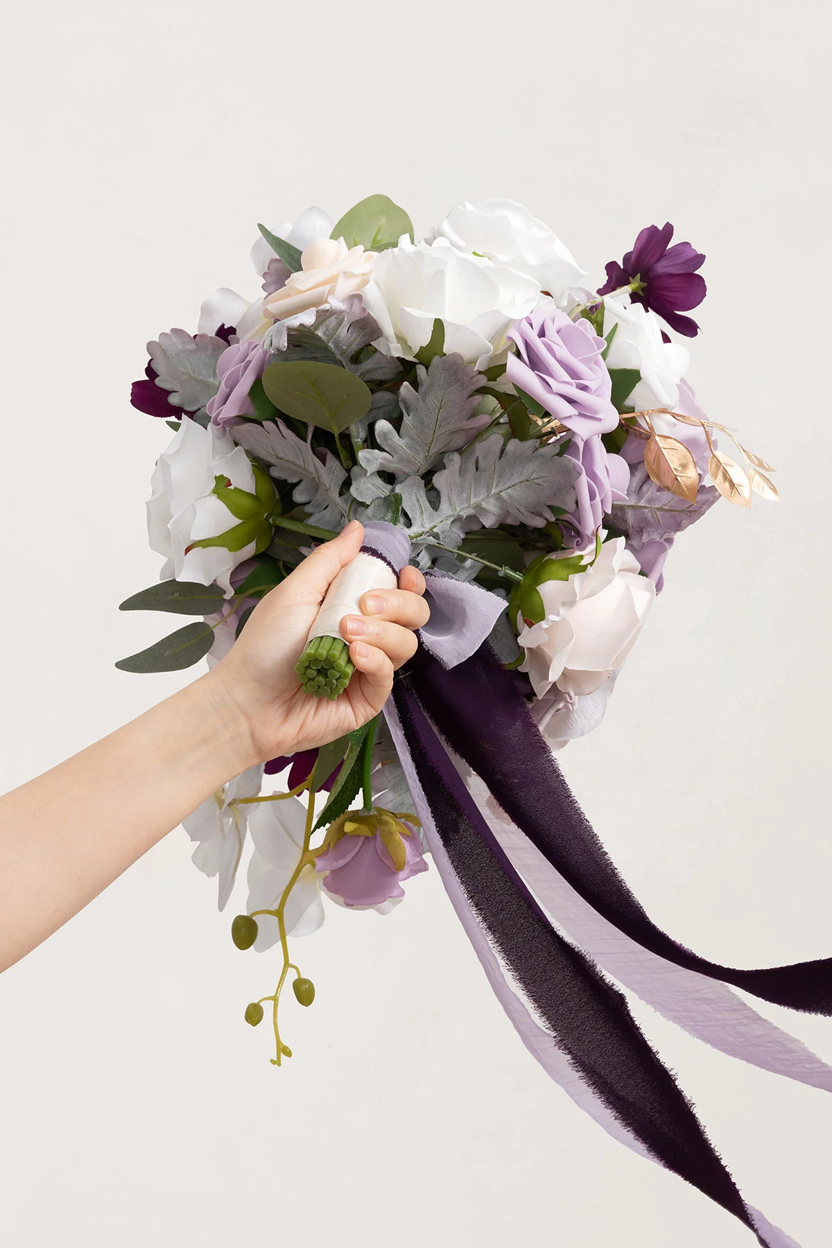 Small Cascade Bridal Bouquet in Lilac & Gold - Image 5