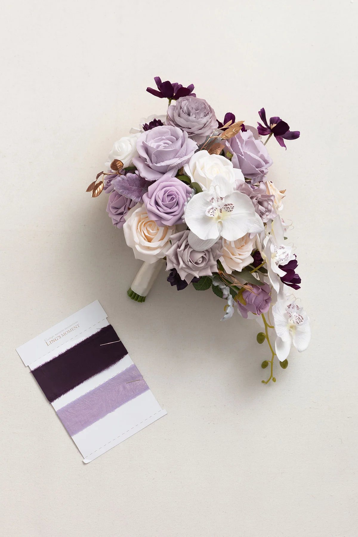 Small Cascade Bridal Bouquet in Lilac & Gold - Image 7