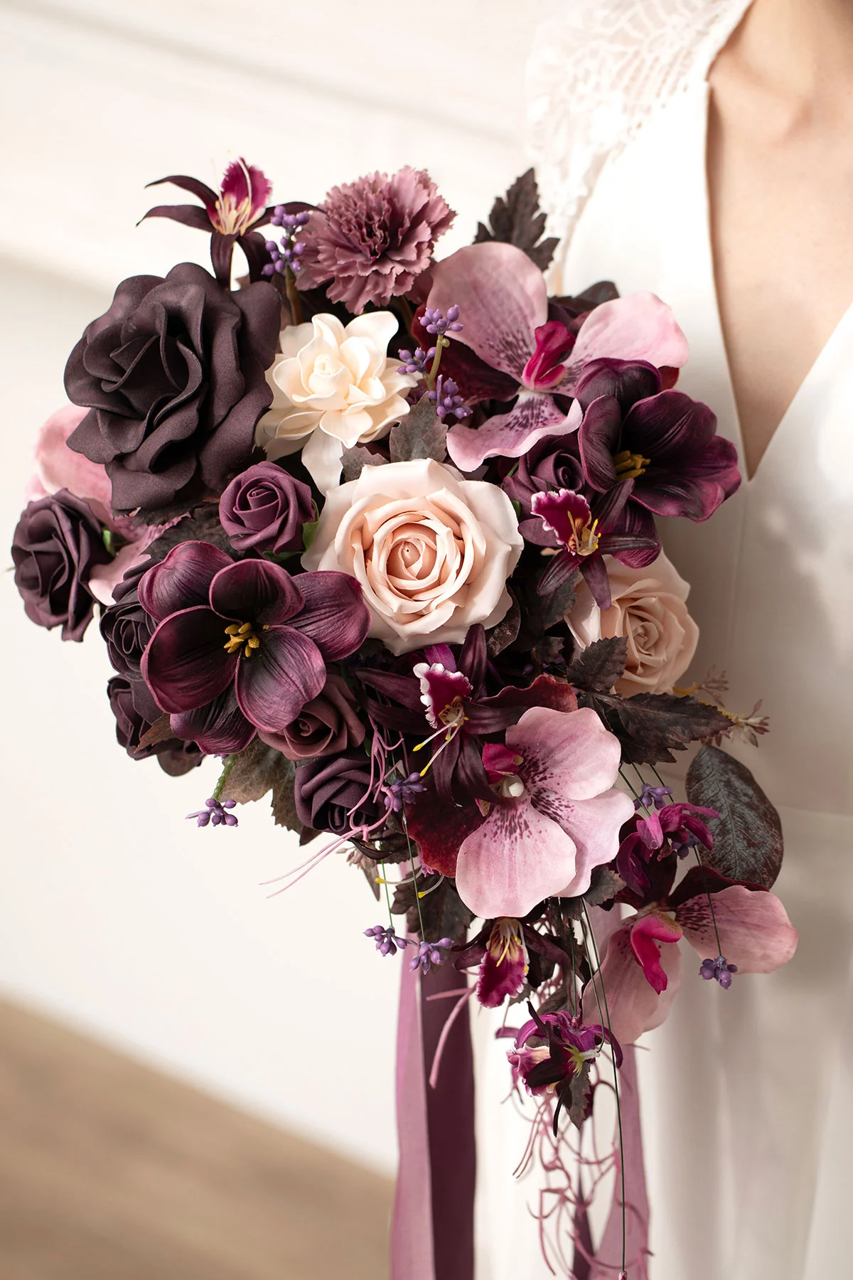 Small Cascade Bridal Bouquet in Plum Velvet Wedding - Image 5