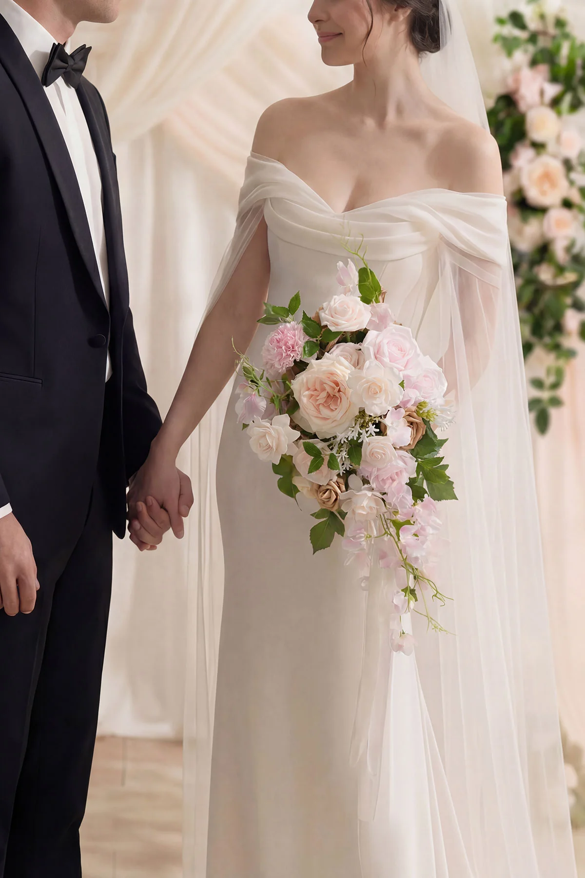 Small Cascade Bridal Bouquet in Powder Pink & Sand Beige - Image 5